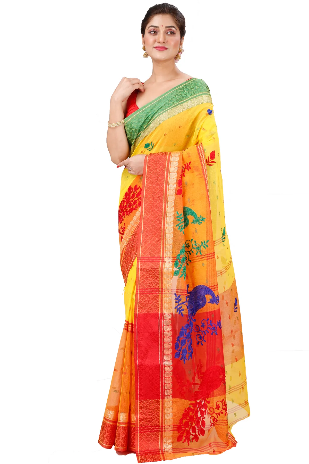 DipDiya Pure Cotton Yellow Red Embi Ganga Moyur Artisan Woven Embroidery Tant Sarees
