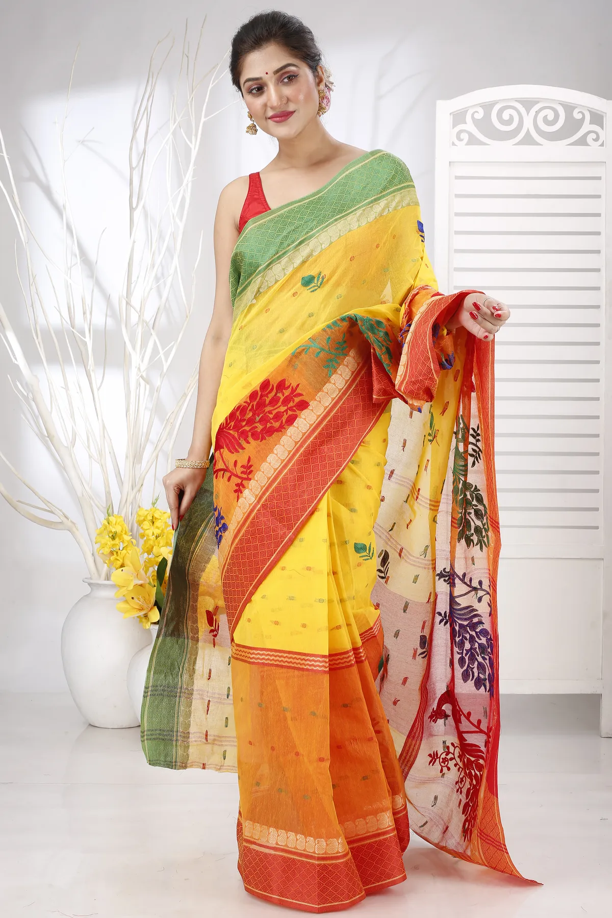 DipDiya Pure Cotton Yellow Red Embi Ganga Moyur Artisan Woven Embroidery Tant Sarees