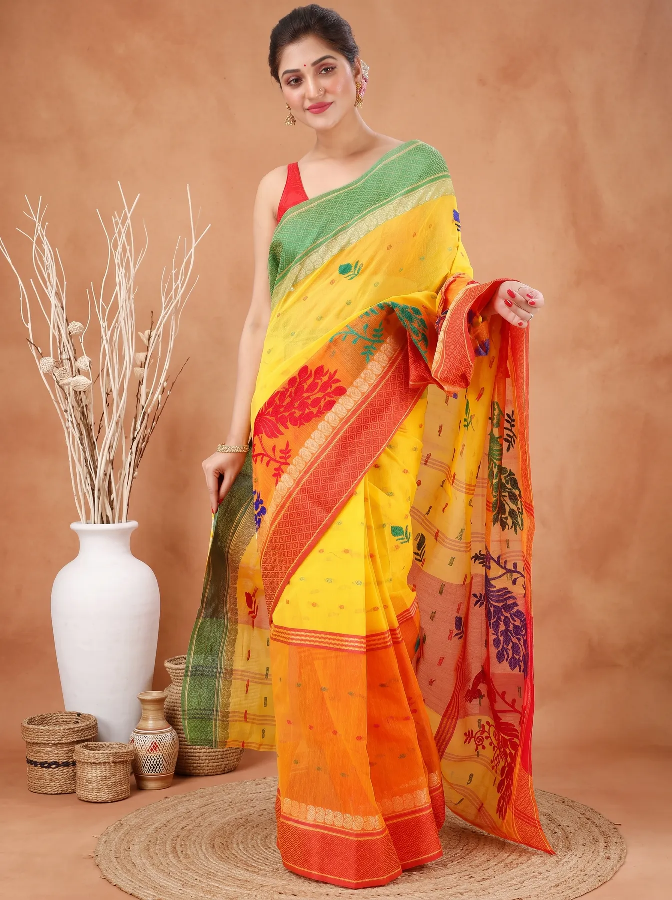 DipDiya Pure Cotton Yellow Red Embi Ganga Moyur Artisan Woven Embroidery Tant Sarees