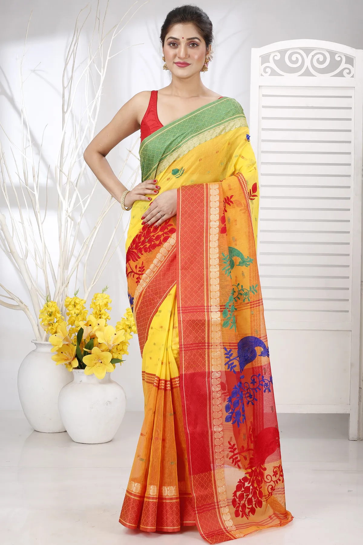 DipDiya Pure Cotton Yellow Red Embi Ganga Moyur Artisan Woven Embroidery Tant Sarees