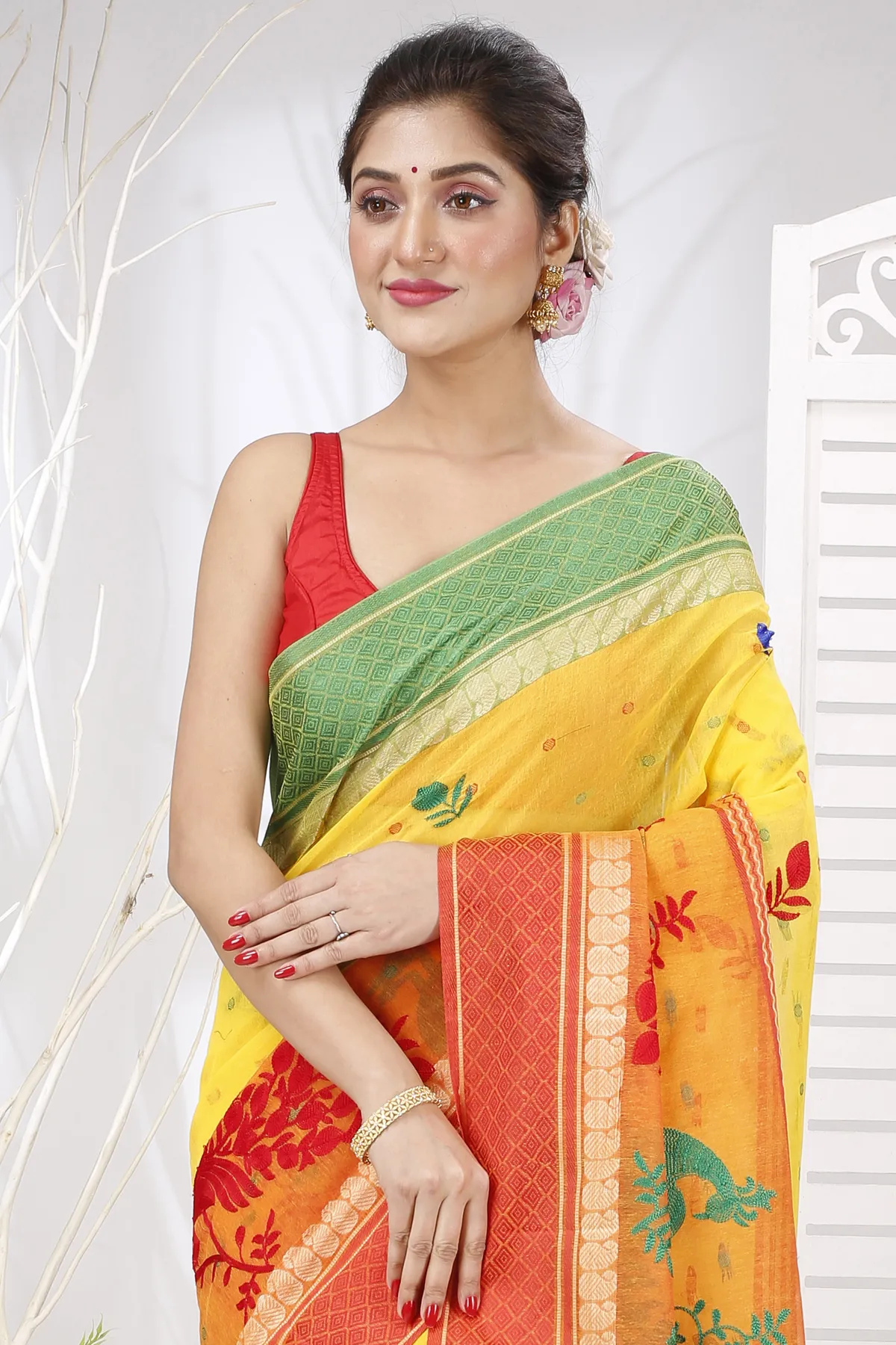 DipDiya Pure Cotton Yellow Red Embi Ganga Moyur Artisan Woven Embroidery Tant Sarees