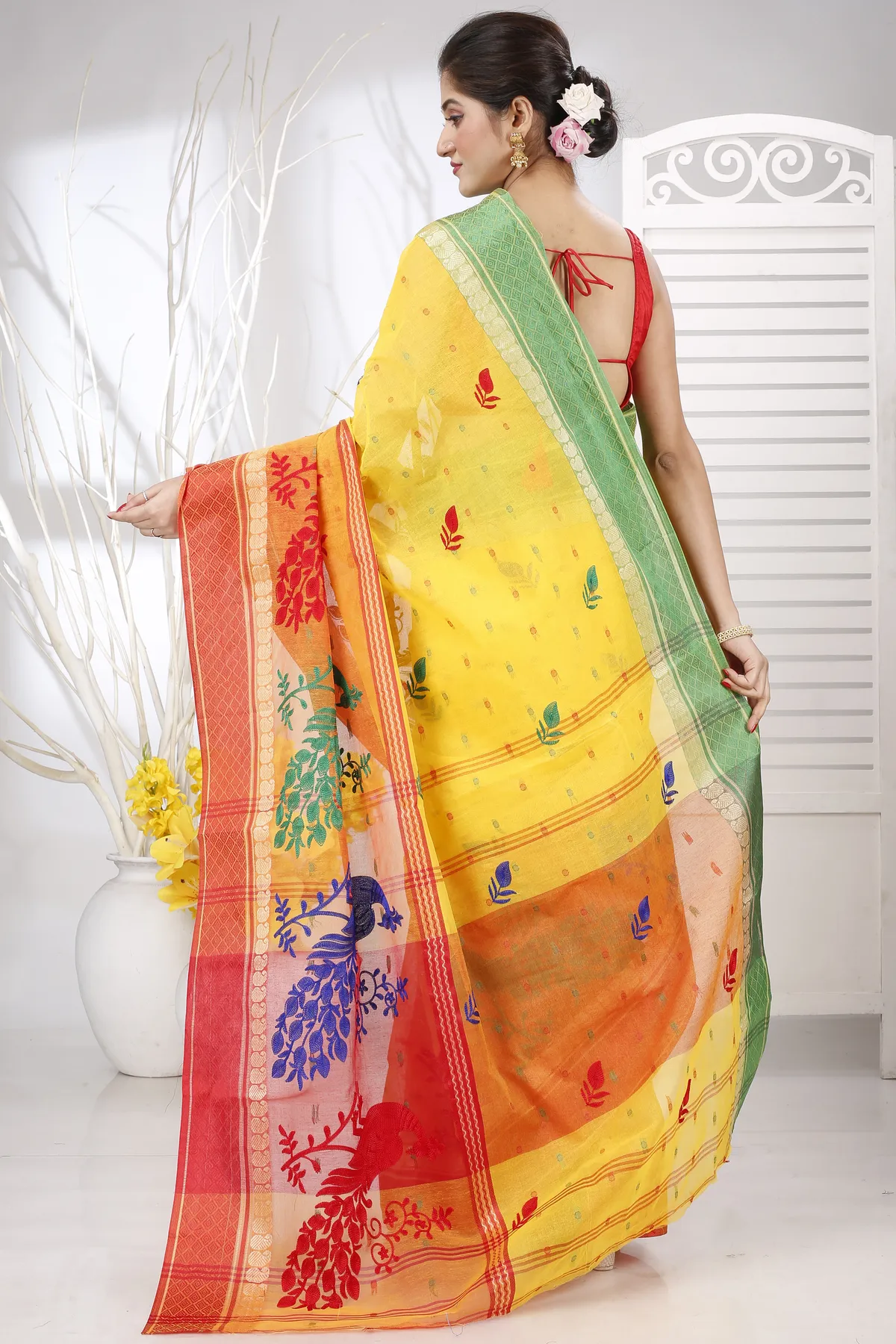 DipDiya Pure Cotton Yellow Red Embi Ganga Moyur Artisan Woven Embroidery Tant Sarees