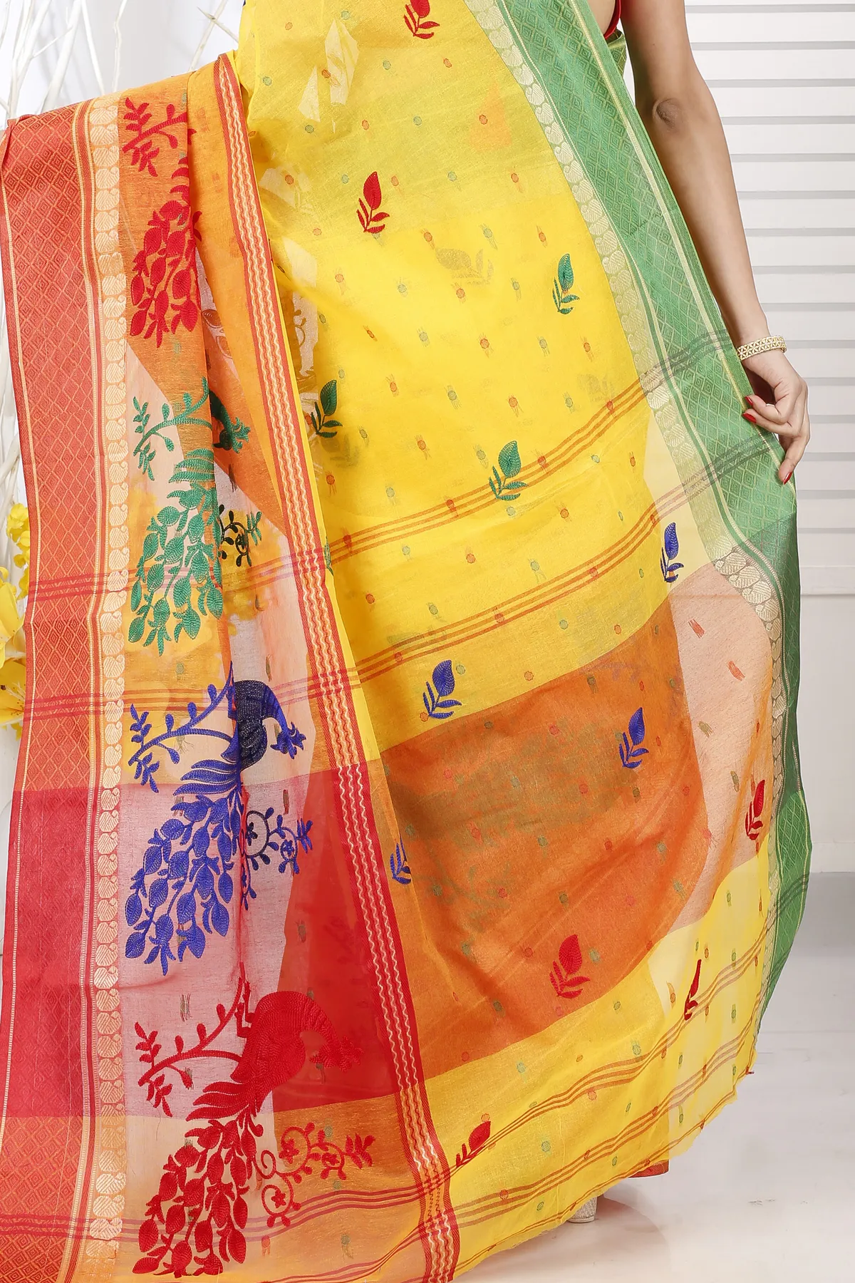 DipDiya Pure Cotton Yellow Red Embi Ganga Moyur Artisan Woven Embroidery Tant Sarees