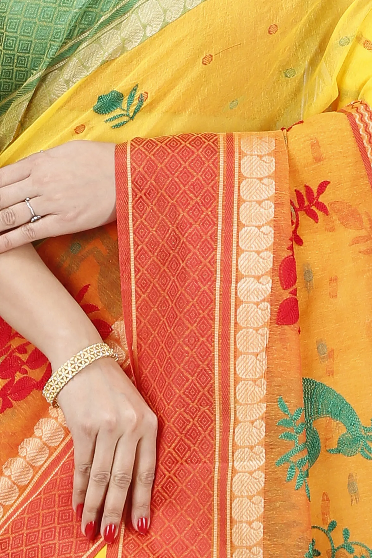 DipDiya Pure Cotton Yellow Red Embi Ganga Moyur Artisan Woven Embroidery Tant Sarees