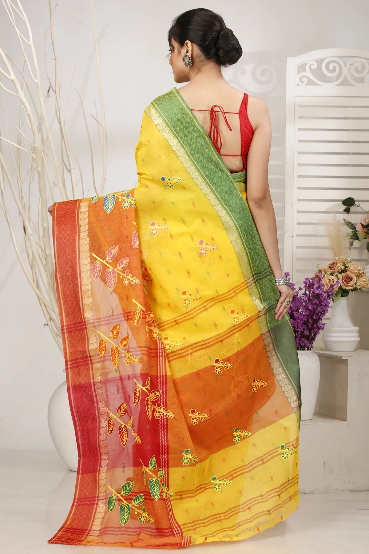DipDiya Pure Cotton Yellow Red Embi Ganga Pata Artisan Crafted Embroidery Tant Sarees