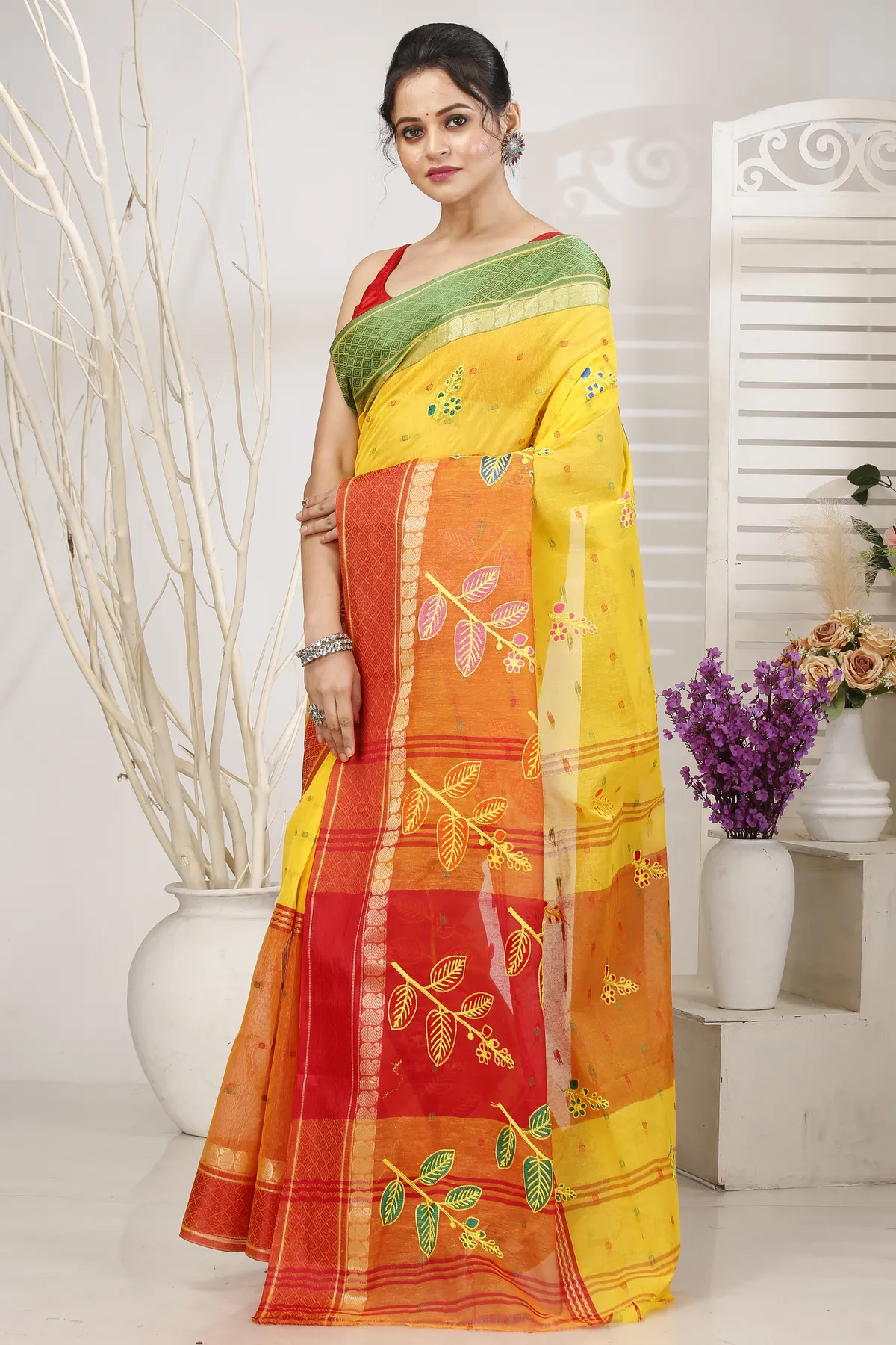 DipDiya Pure Cotton Yellow Red Embi Ganga Pata Artisan Crafted Embroidery Tant Sarees
