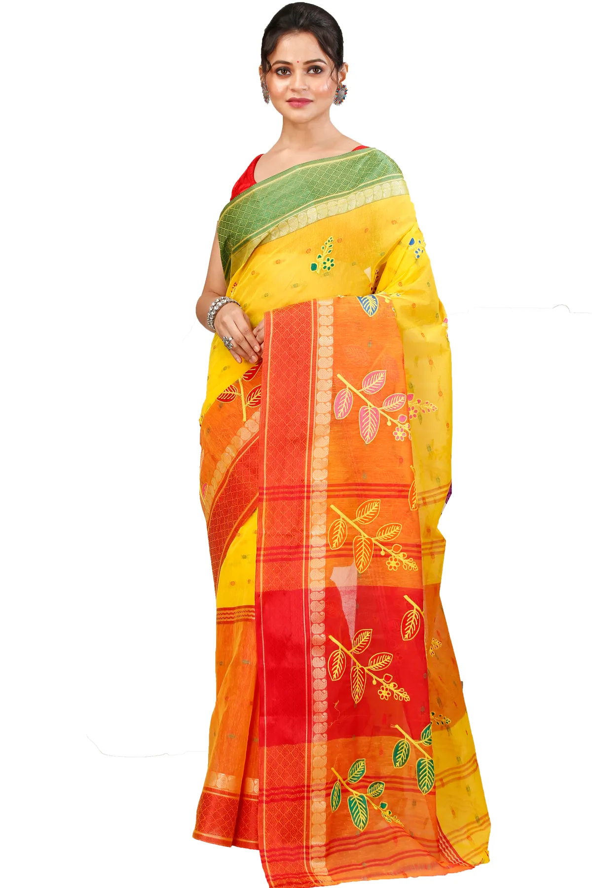 DipDiya Pure Cotton Yellow Red Embi Ganga Pata Artisan Crafted Embroidery Tant Sarees