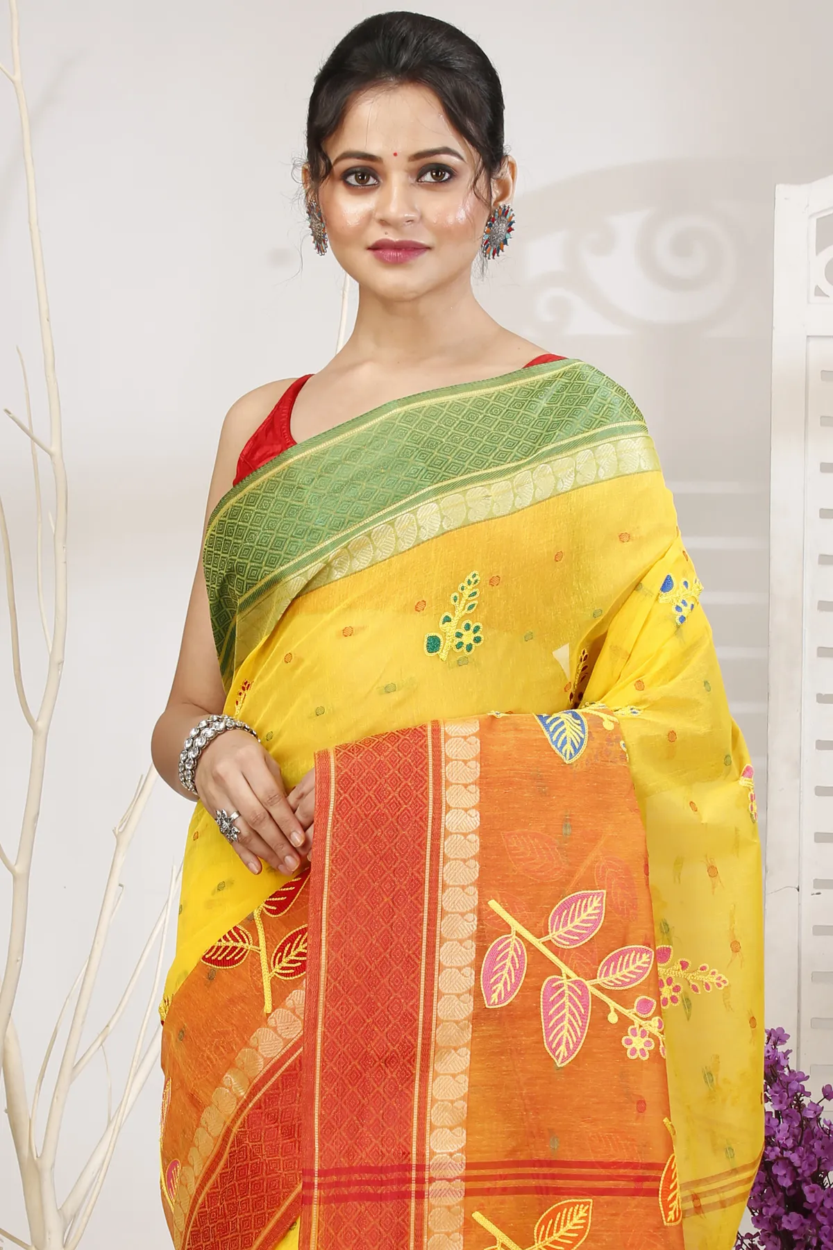 DipDiya Pure Cotton Yellow Red Embi Ganga Pata Artisan Crafted Embroidery Tant Sarees