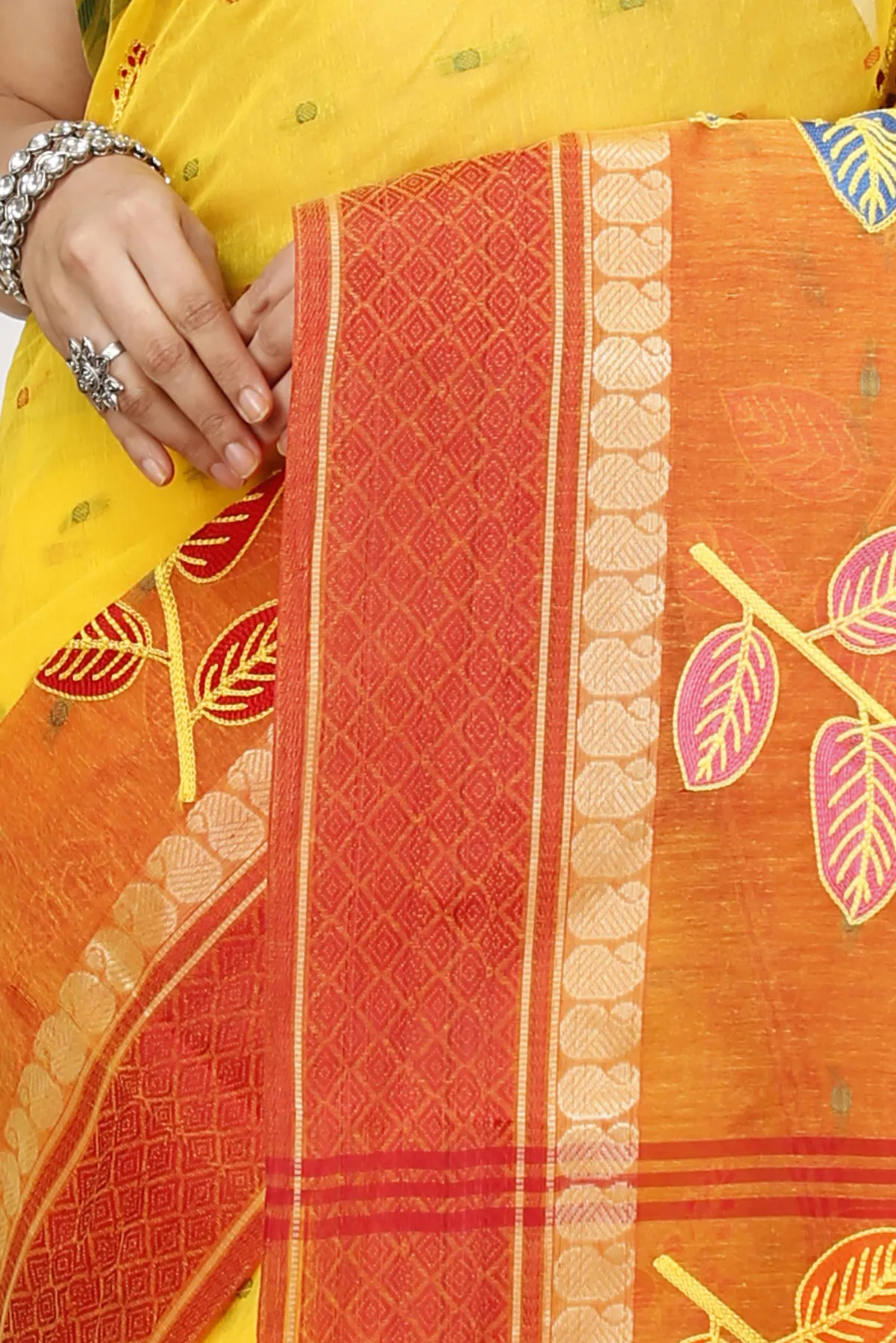 DipDiya Pure Cotton Yellow Red Embi Ganga Pata Artisan Crafted Embroidery Tant Sarees