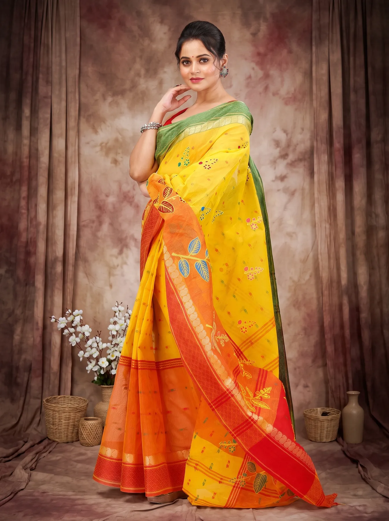 DipDiya Pure Cotton Yellow Red Embi Ganga Pata Artisan Crafted Embroidery Tant Sarees