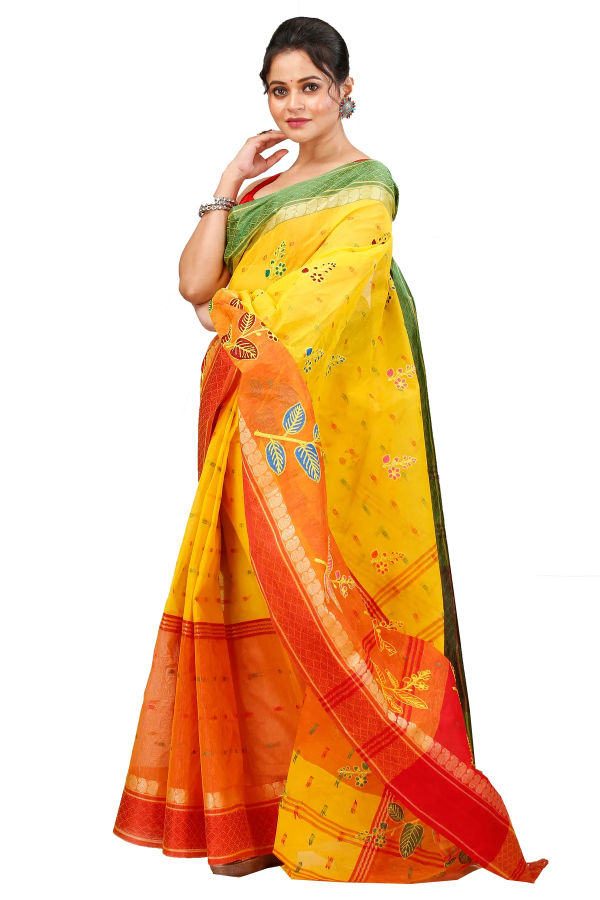 DipDiya Pure Cotton Yellow Red Embi Ganga Pata Artisan Crafted Embroidery Tant Sarees