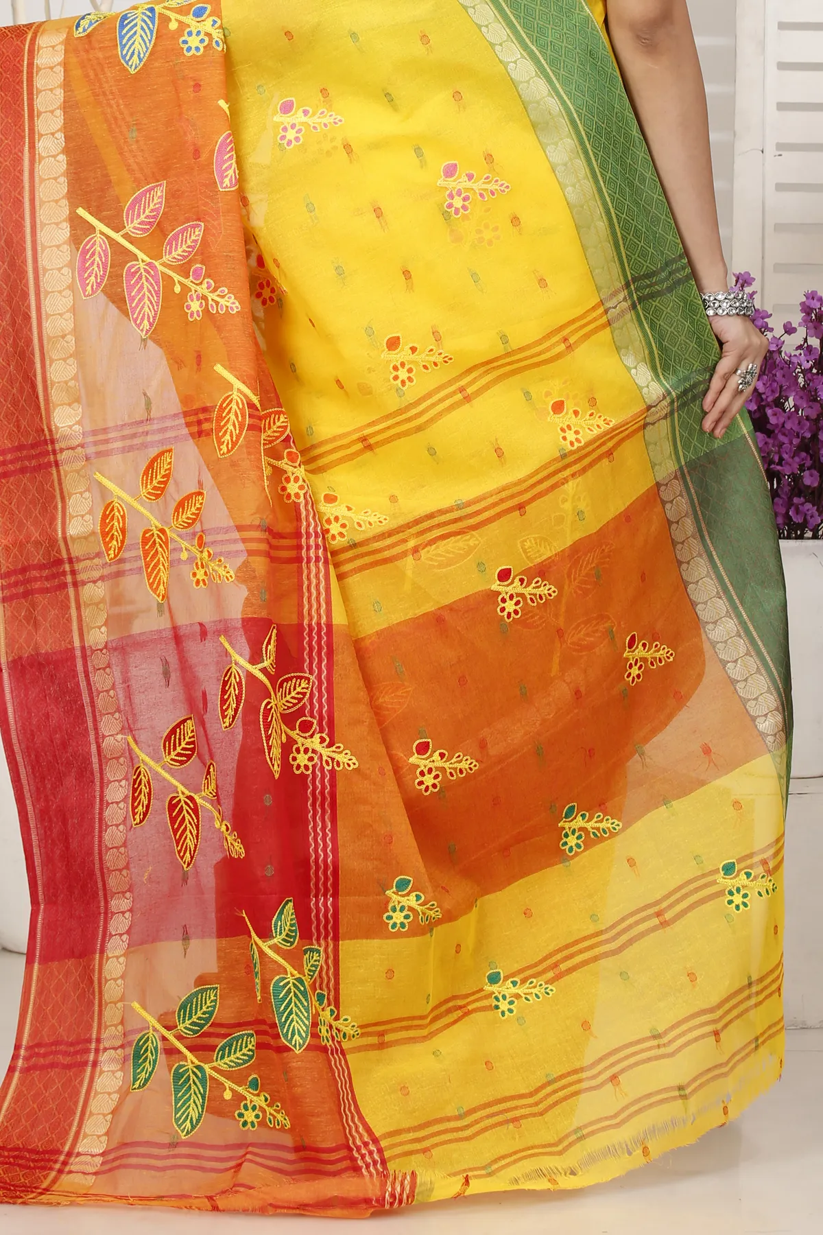 DipDiya Pure Cotton Yellow Red Embi Ganga Pata Artisan Crafted Embroidery Tant Sarees