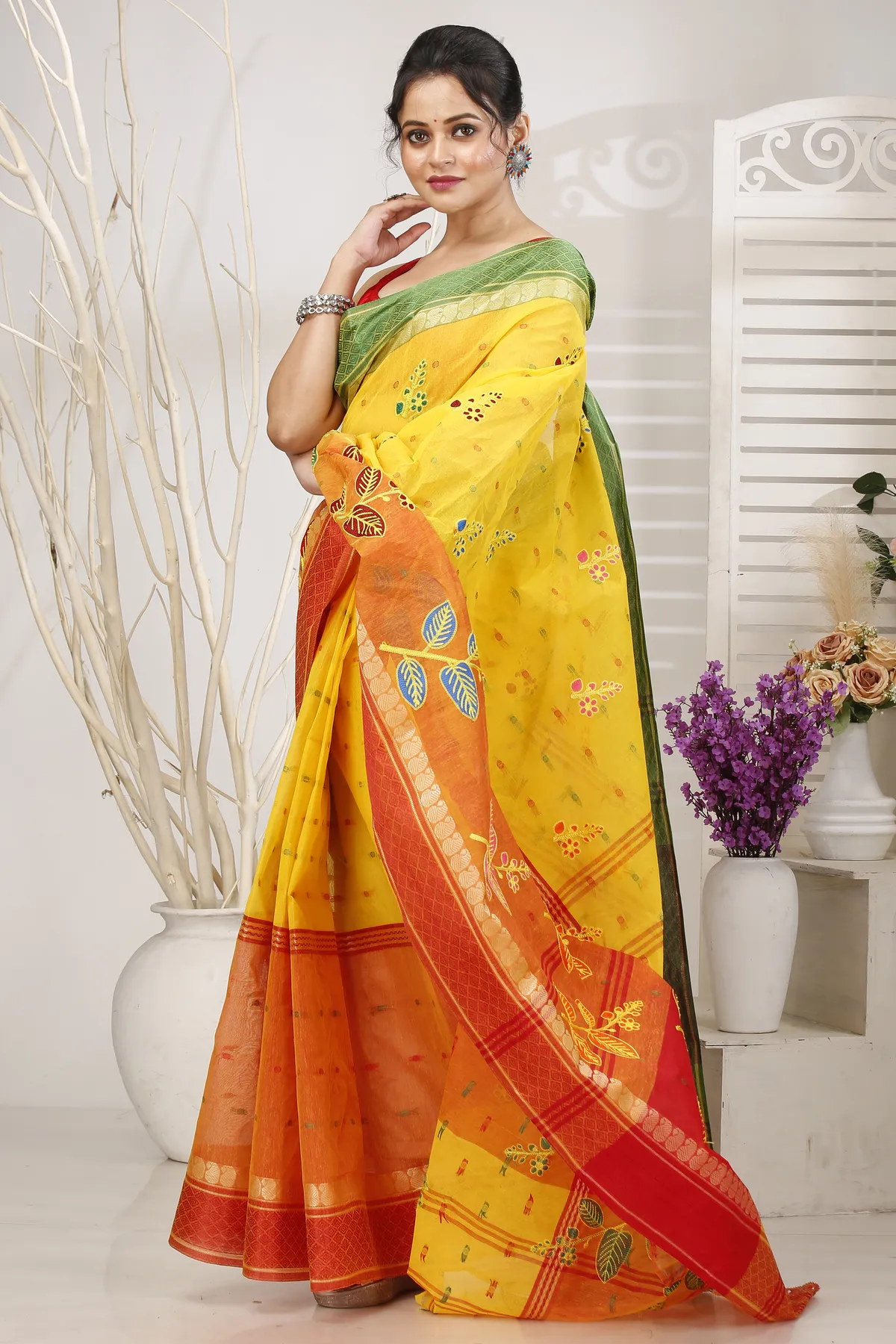 DipDiya Pure Cotton Yellow Red Embi Ganga Pata Artisan Crafted Embroidery Tant Sarees
