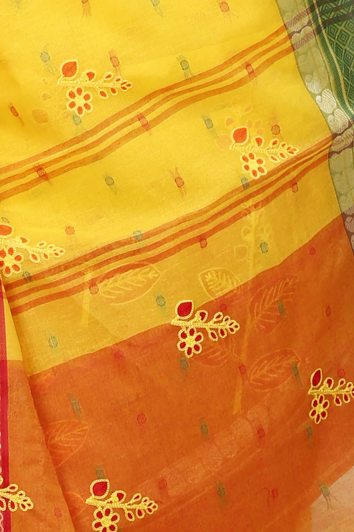 DipDiya Pure Cotton Yellow Red Embi Ganga Pata Artisan Crafted Embroidery Tant Sarees