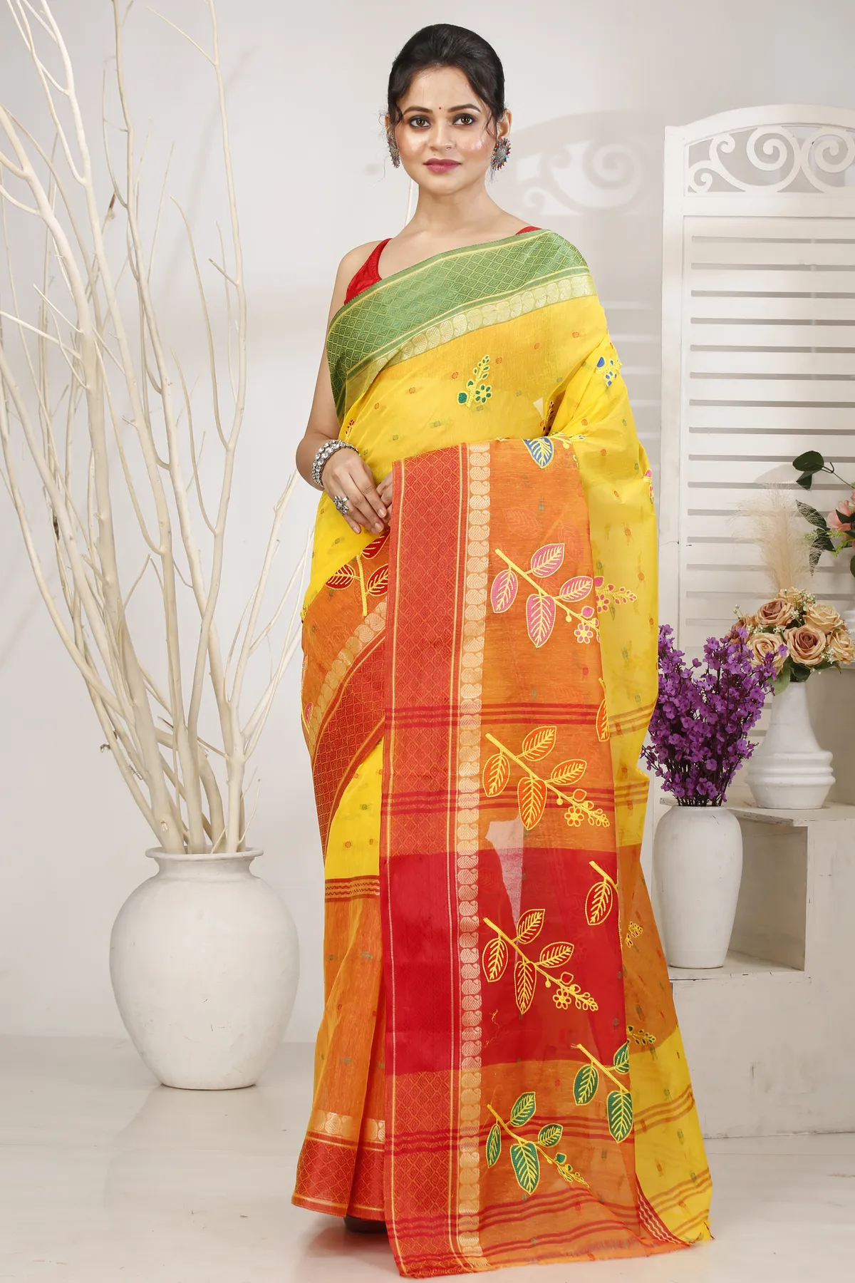 DipDiya Pure Cotton Yellow Red Embi Ganga Pata Artisan Crafted Embroidery Tant Sarees