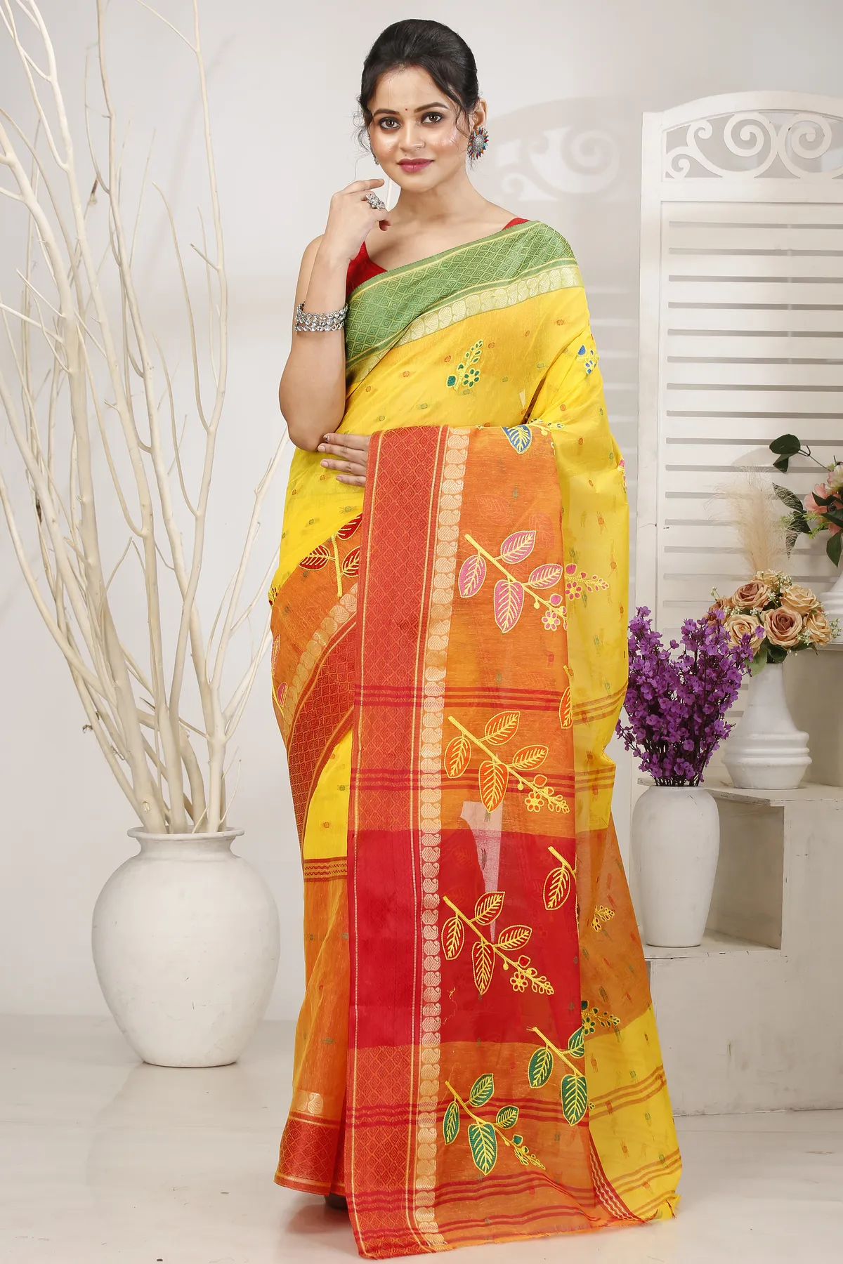 DipDiya Pure Cotton Yellow Red Embi Ganga Pata Artisan Crafted Embroidery Tant Sarees