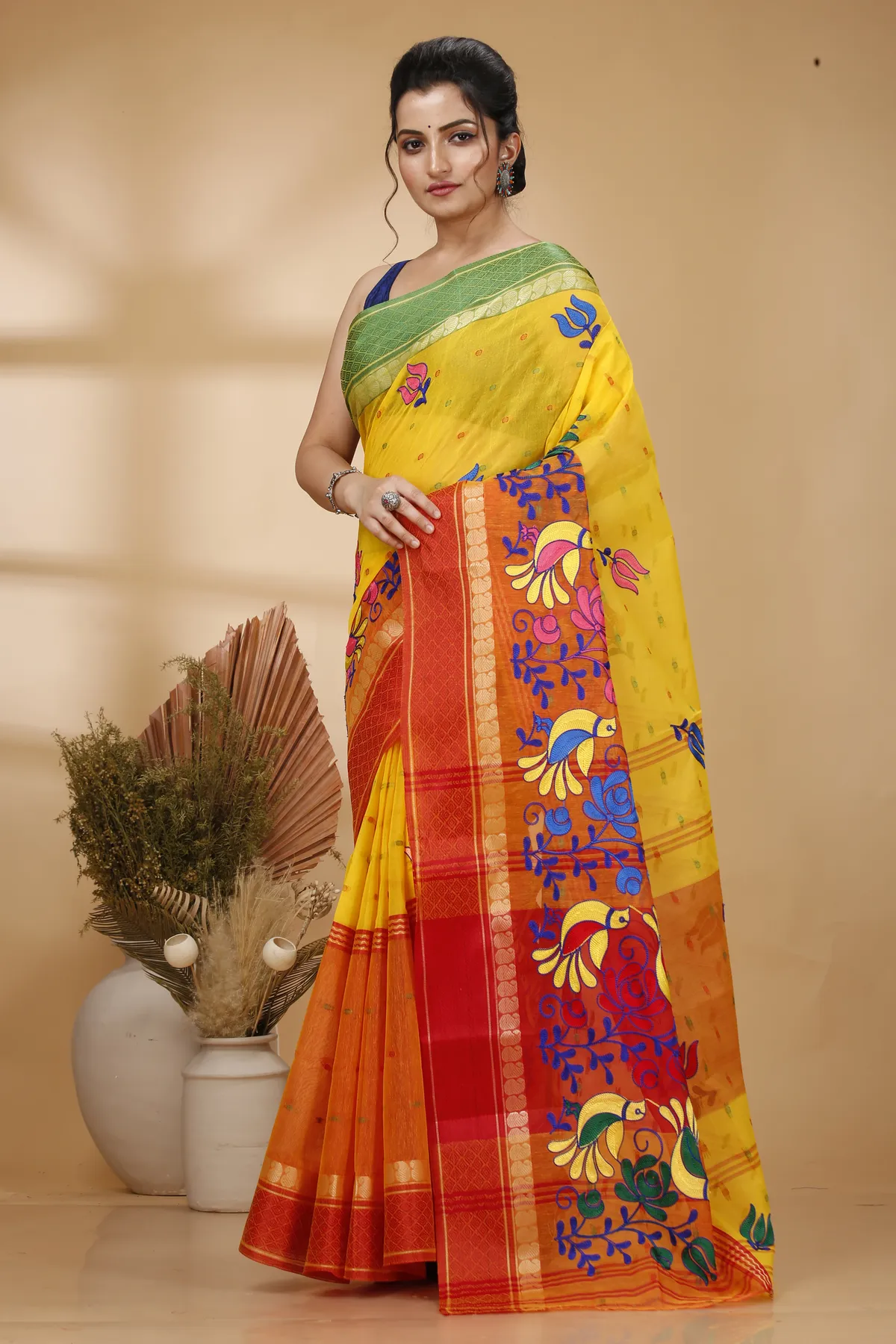 DipDiya Pure Cotton Yellow Red Embi Ganga Sib The Bengali Classic Embroidery Tant Sarees