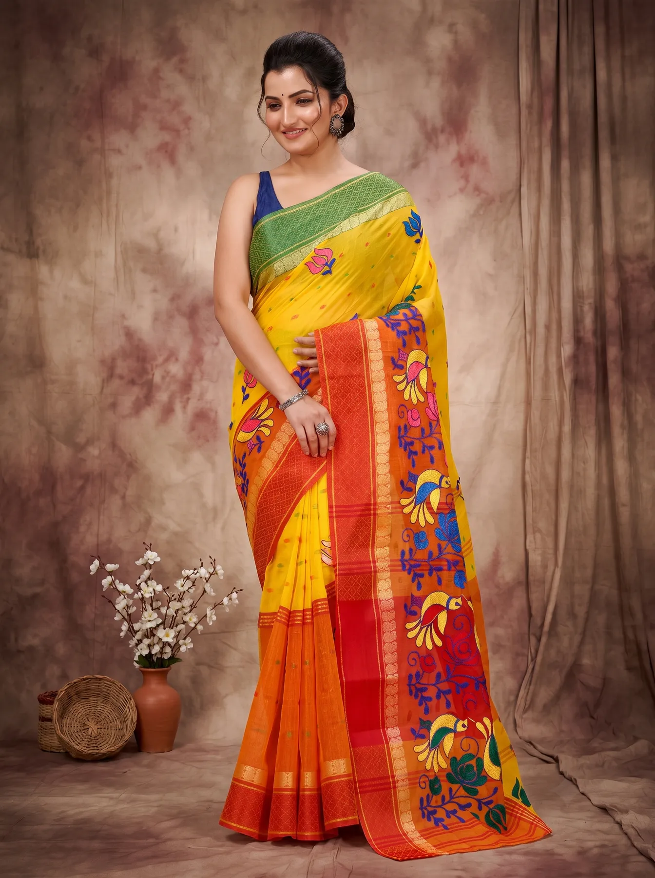 DipDiya Pure Cotton Yellow Red Embi Ganga Sib The Bengali Classic Embroidery Tant Sarees