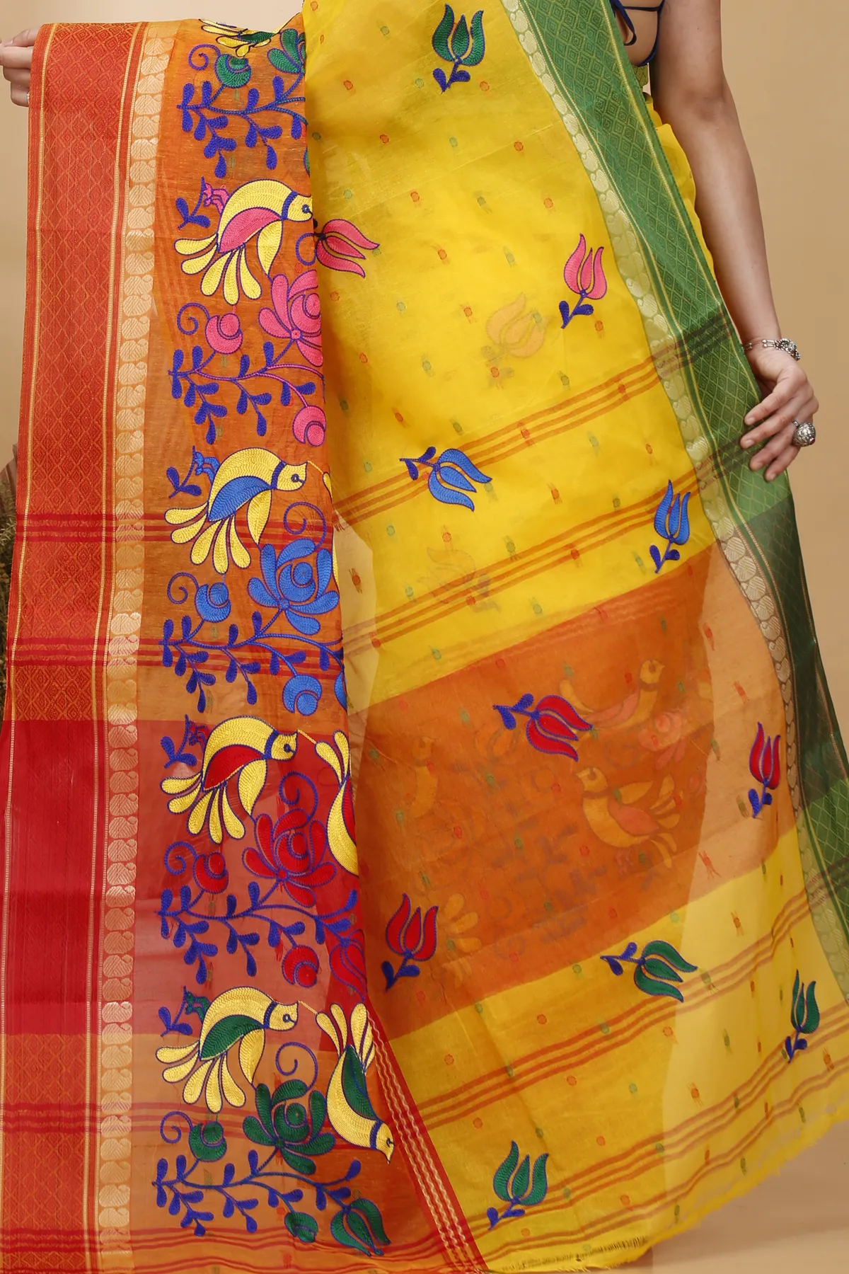 DipDiya Pure Cotton Yellow Red Embi Ganga Sib The Bengali Classic Embroidery Tant Sarees