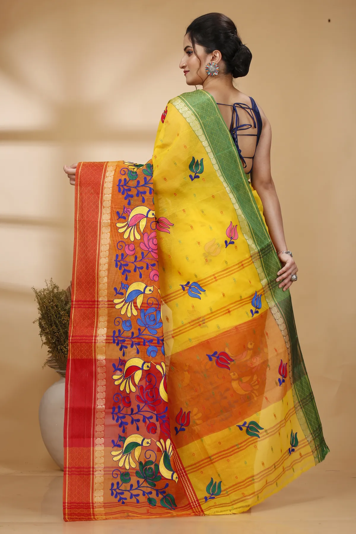 DipDiya Pure Cotton Yellow Red Embi Ganga Sib The Bengali Classic Embroidery Tant Sarees