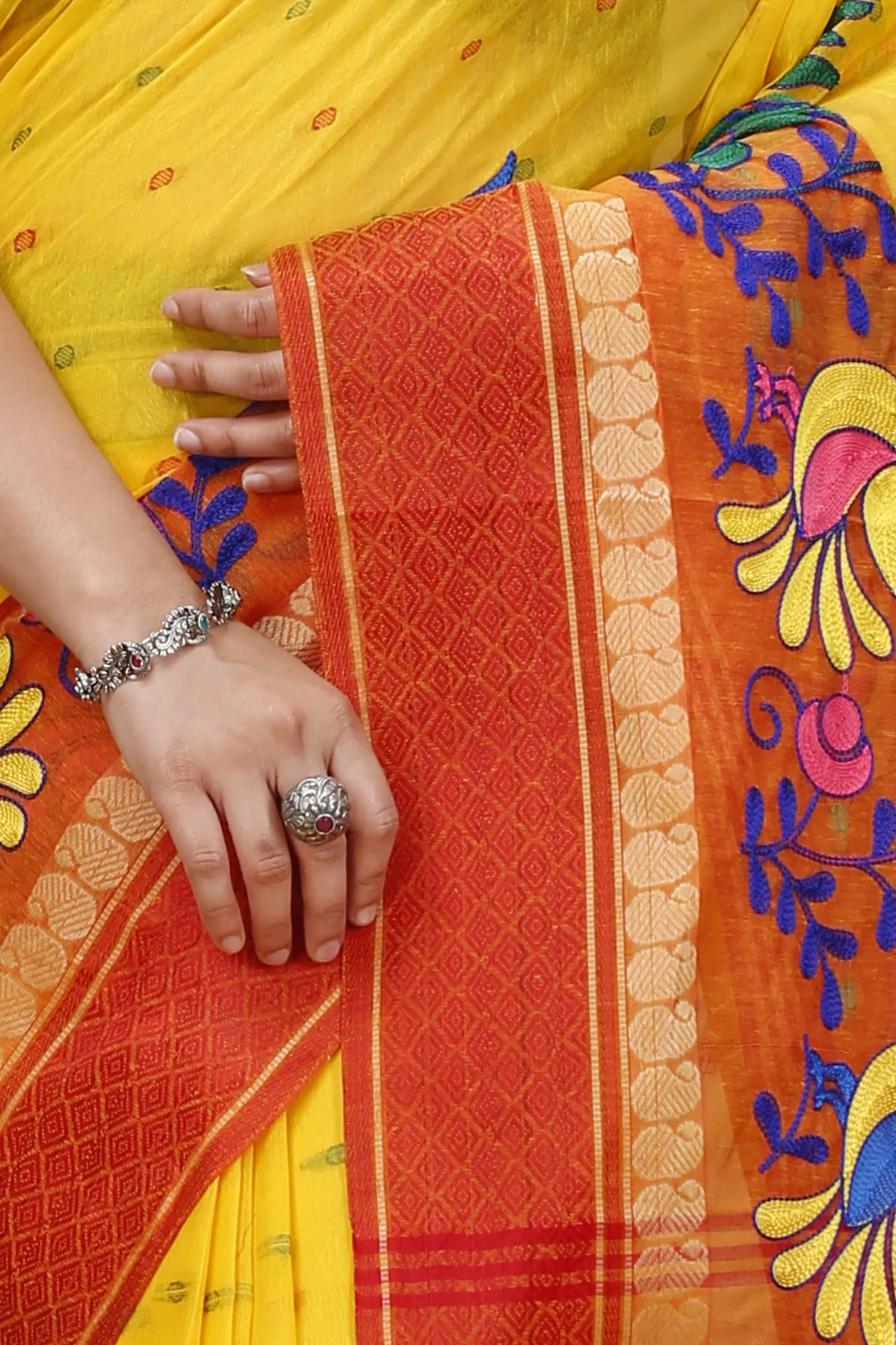 DipDiya Pure Cotton Yellow Red Embi Ganga Sib The Bengali Classic Embroidery Tant Sarees