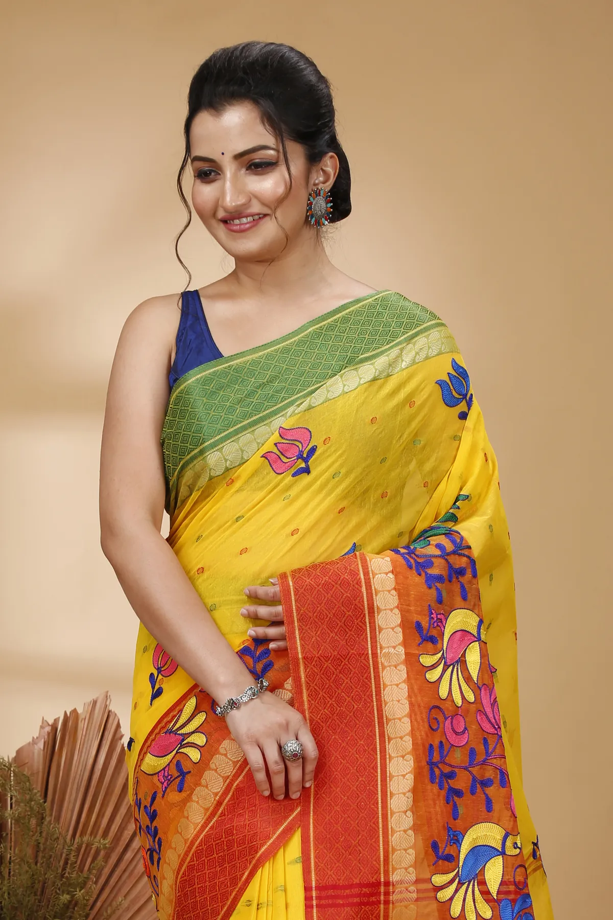 DipDiya Pure Cotton Yellow Red Embi Ganga Sib The Bengali Classic Embroidery Tant Sarees