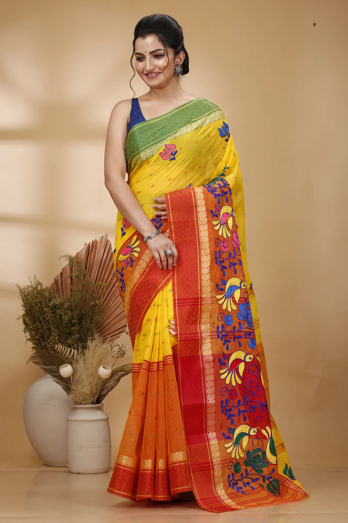 DipDiya Pure Cotton Yellow Red Embi Ganga Sib The Bengali Classic Embroidery Tant Sarees