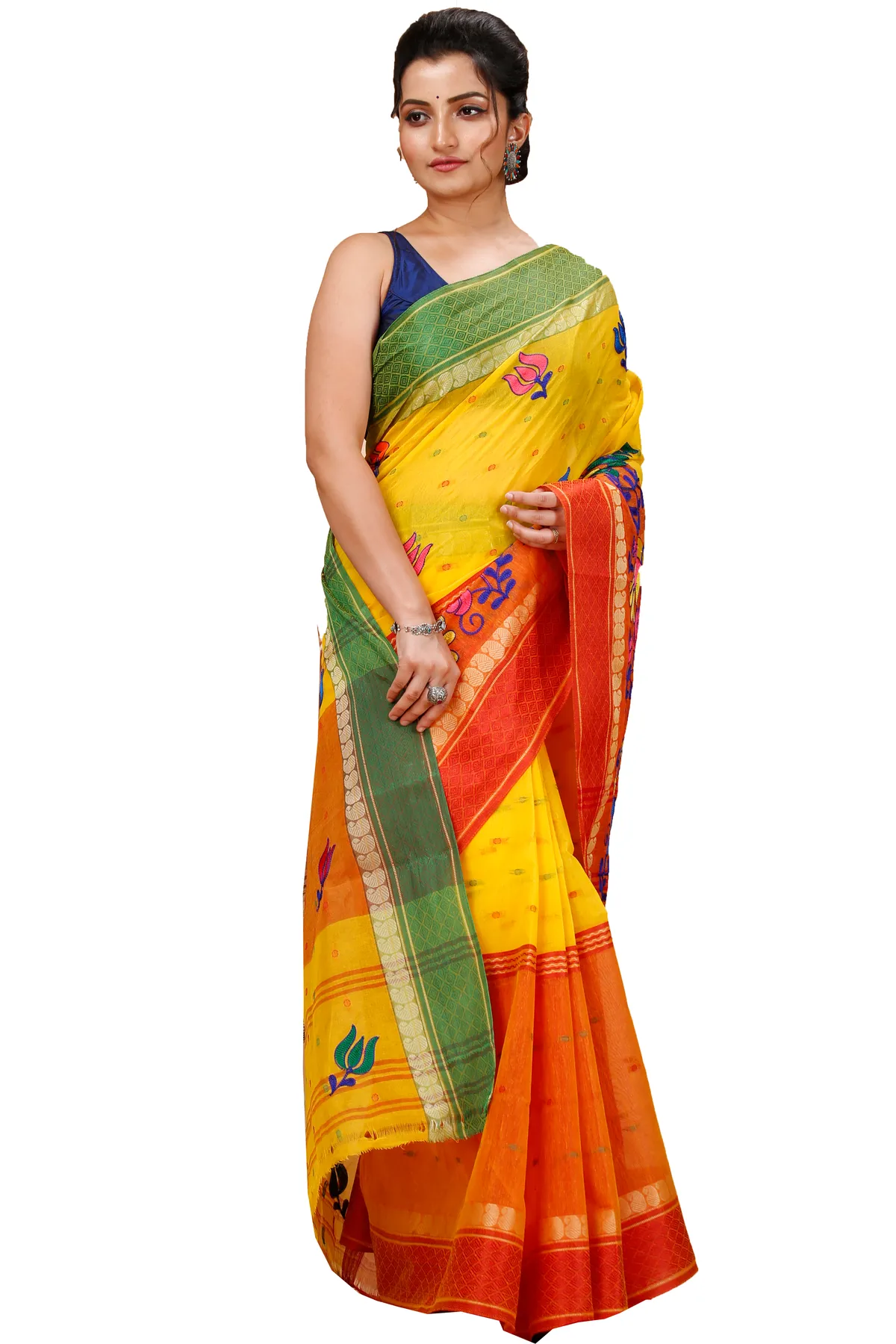 DipDiya Pure Cotton Yellow Red Embi Ganga Sib The Bengali Classic Embroidery Tant Sarees