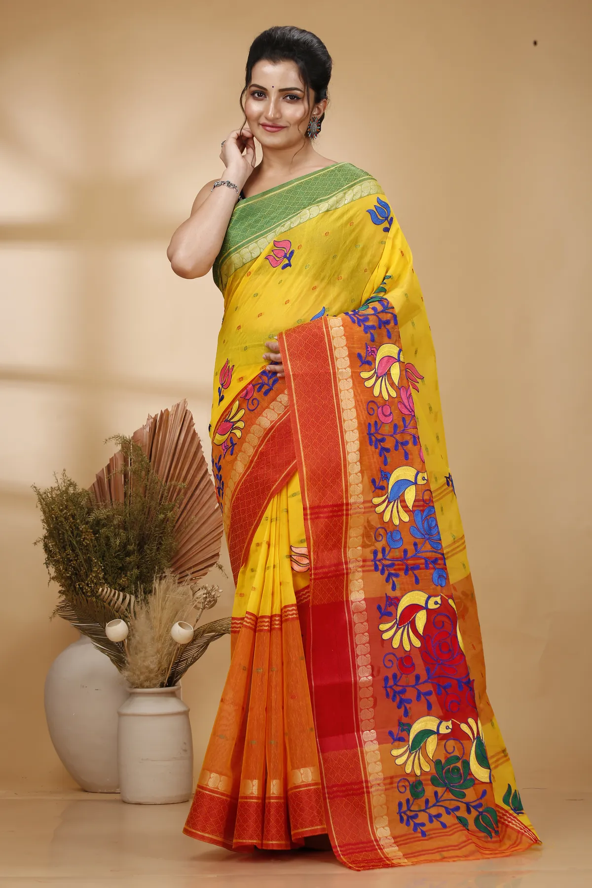 DipDiya Pure Cotton Yellow Red Embi Ganga Sib The Bengali Classic Embroidery Tant Sarees