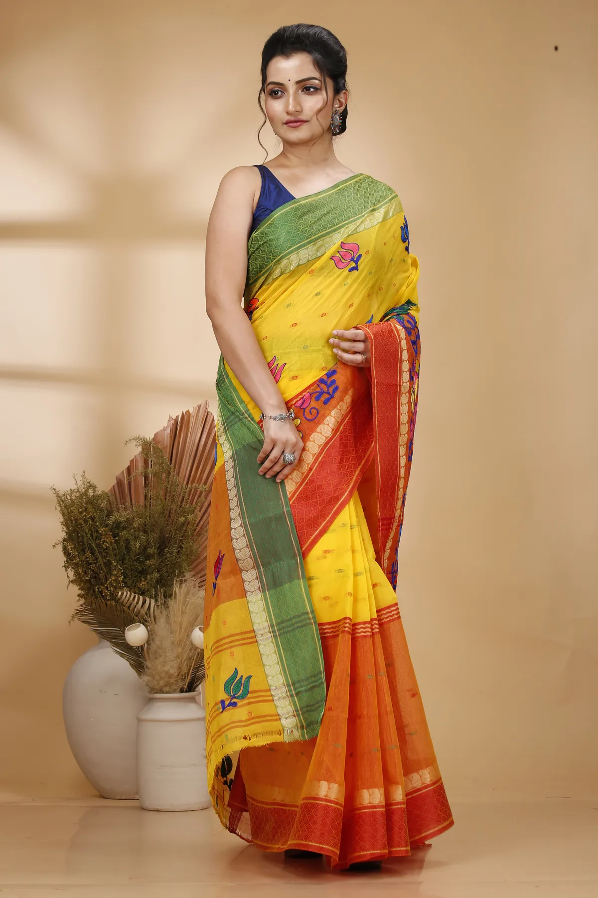 DipDiya Pure Cotton Yellow Red Embi Ganga Sib The Bengali Classic Embroidery Tant Sarees