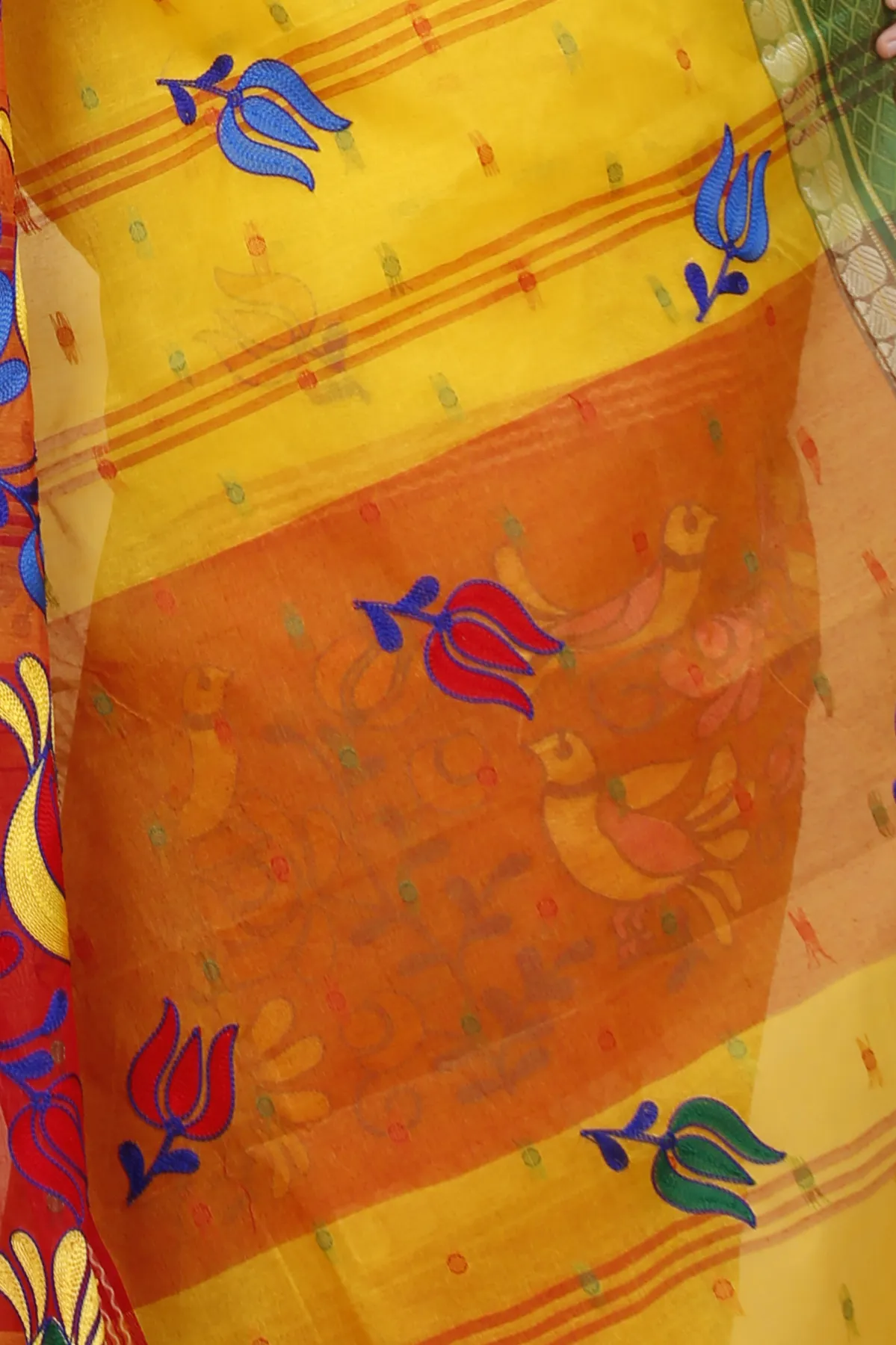 DipDiya Pure Cotton Yellow Red Embi Ganga Sib The Bengali Classic Embroidery Tant Sarees