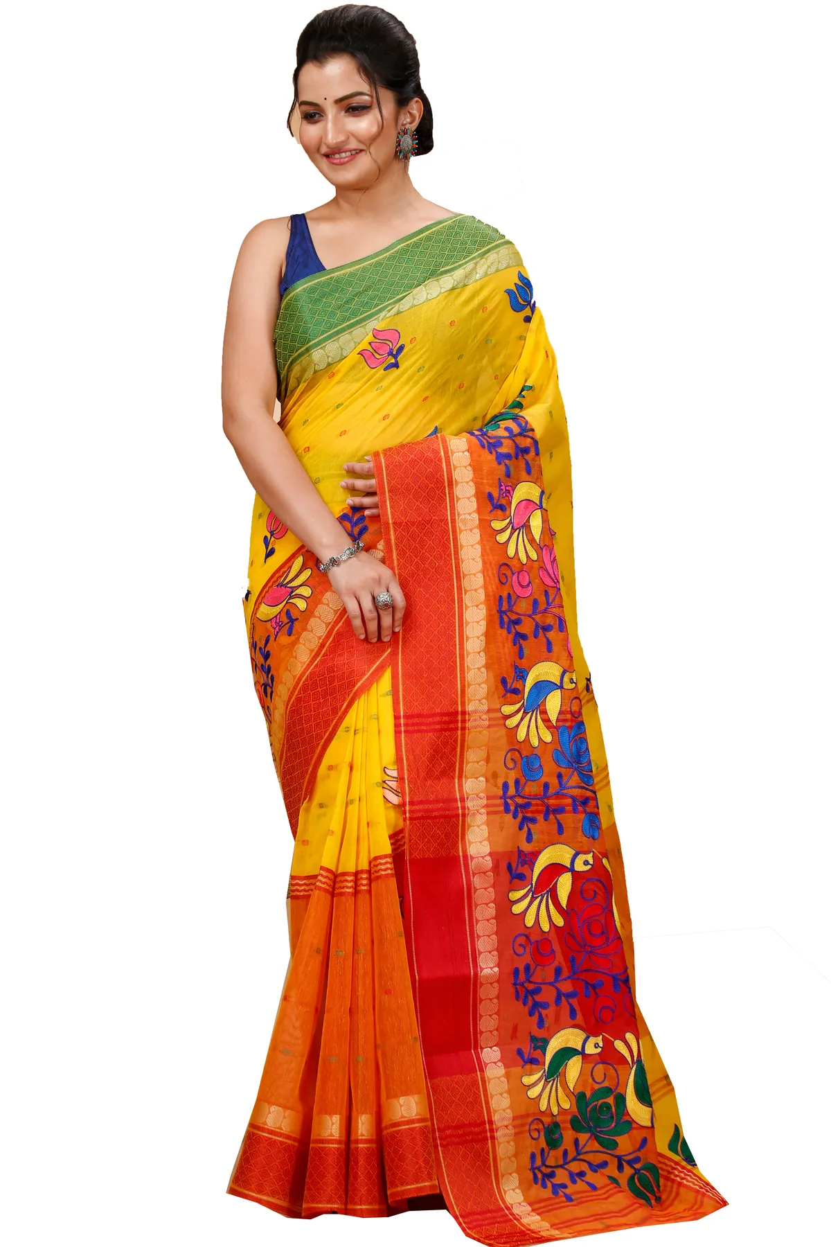 DipDiya Pure Cotton Yellow Red Embi Ganga Sib The Bengali Classic Embroidery Tant Sarees