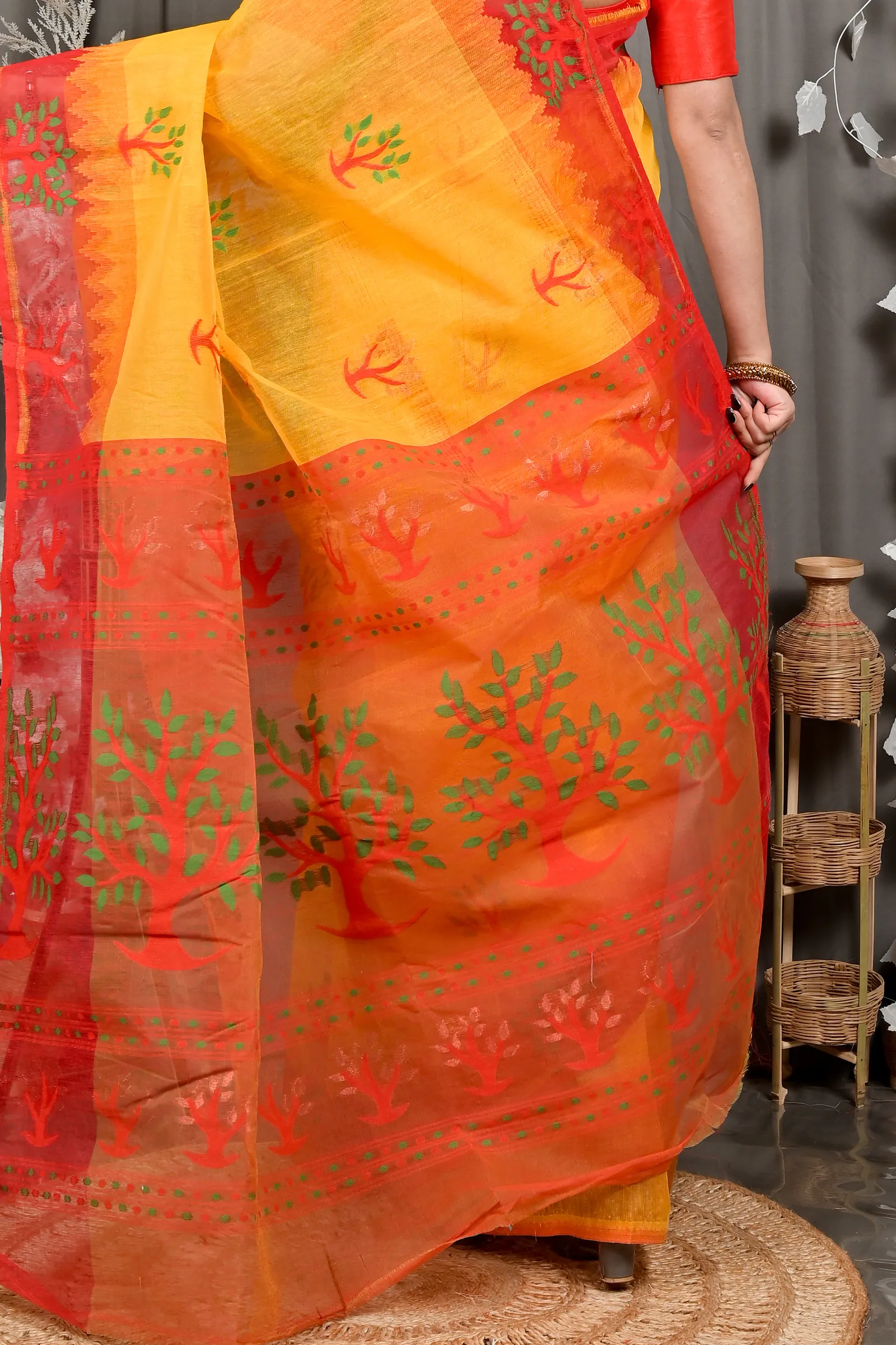 DipDiya Pure Cotton Yellow Red Fevai Essence of Bengal Jamdani Sarees