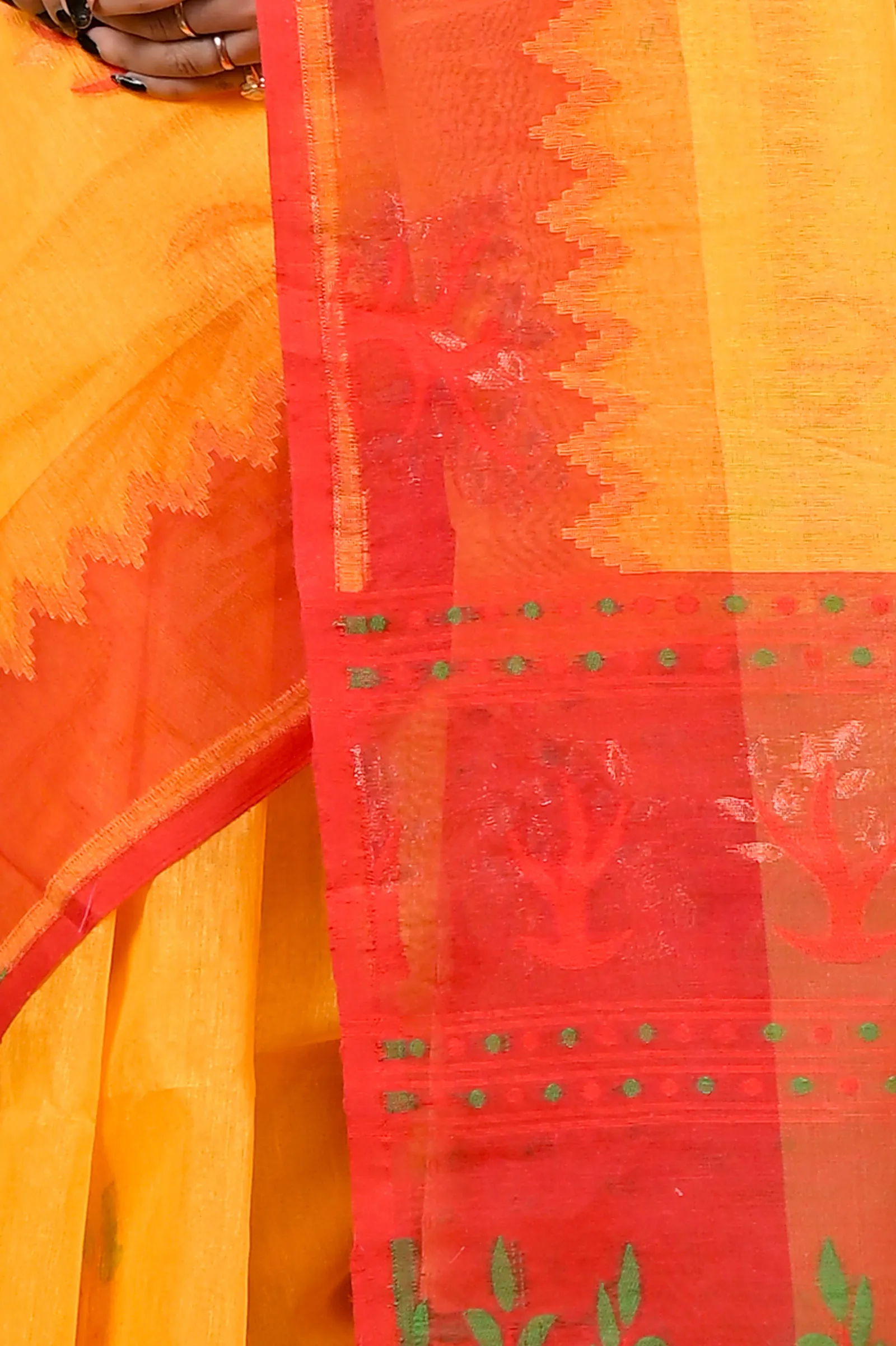 DipDiya Pure Cotton Yellow Red Fevai Essence of Bengal Jamdani Sarees