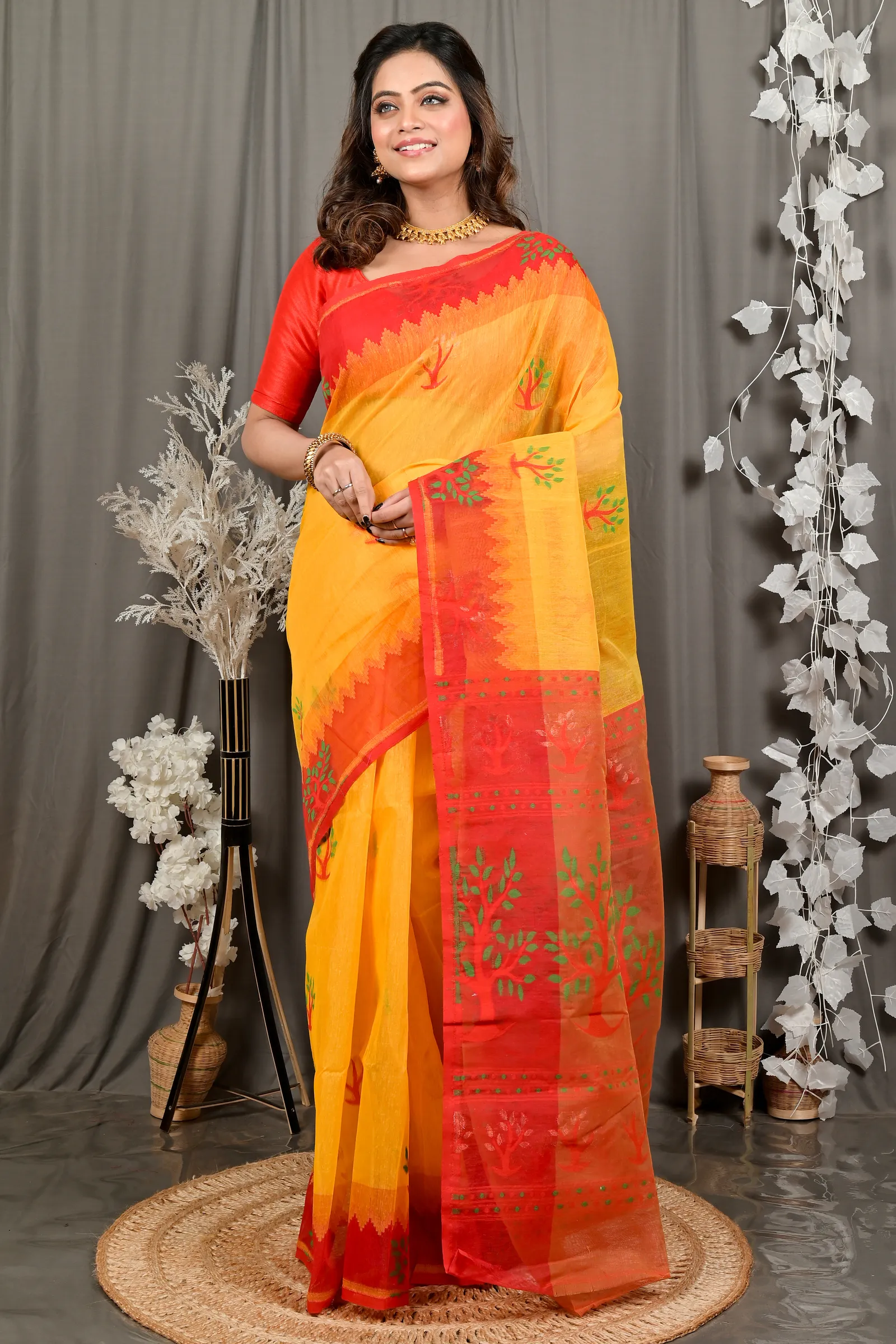 DipDiya Pure Cotton Yellow Red Fevai Essence of Bengal Jamdani Sarees