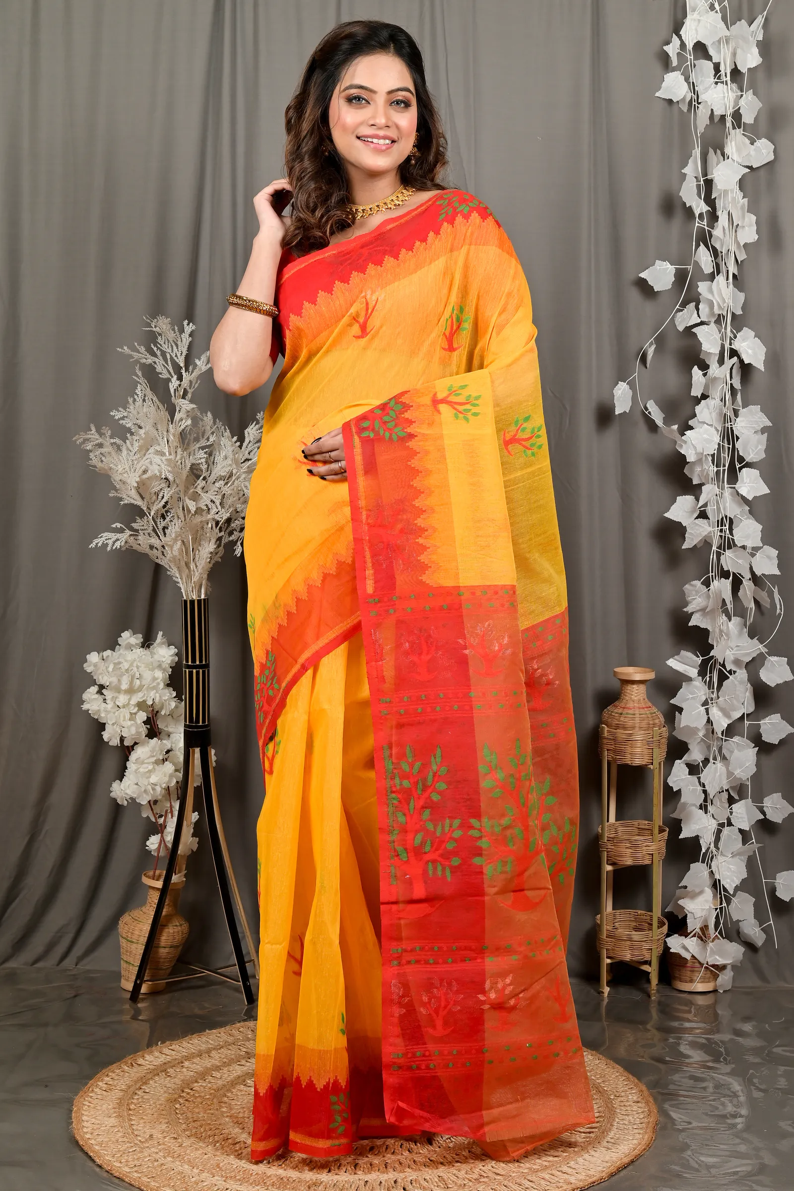 DipDiya Pure Cotton Yellow Red Fevai Essence of Bengal Jamdani Sarees