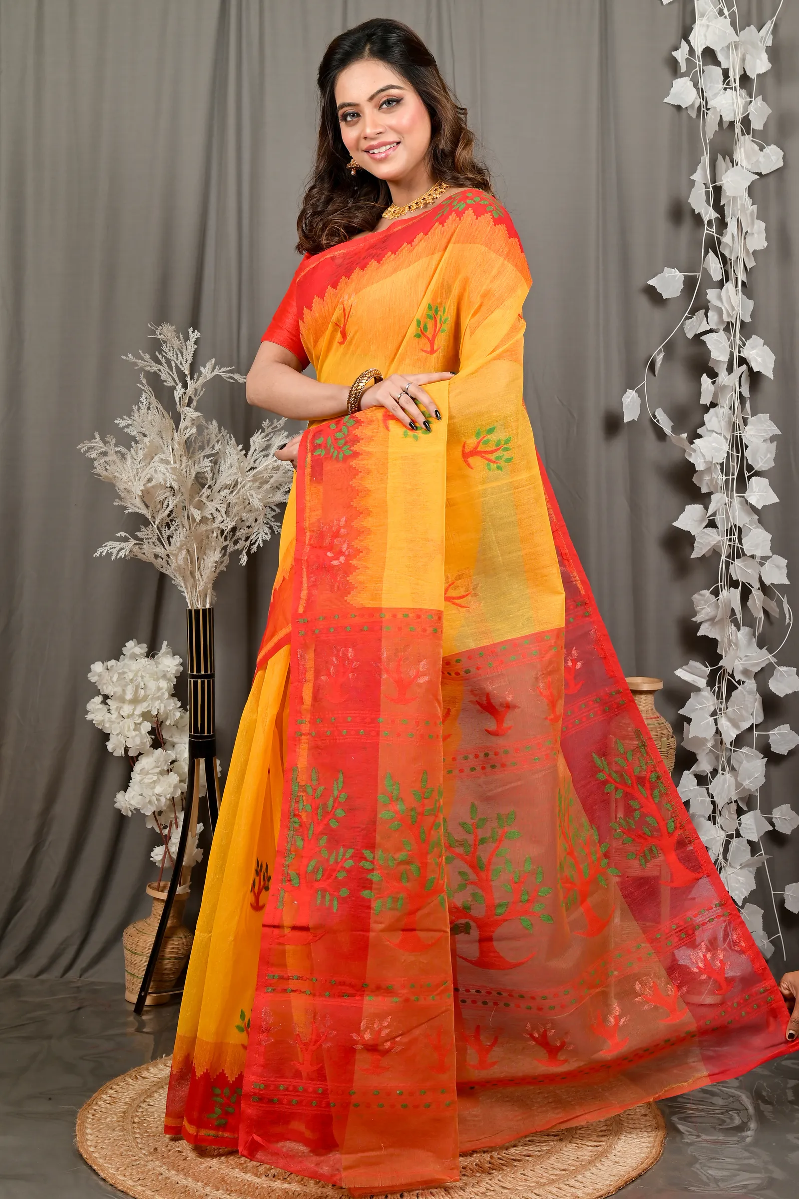 DipDiya Pure Cotton Yellow Red Fevai Essence of Bengal Jamdani Sarees