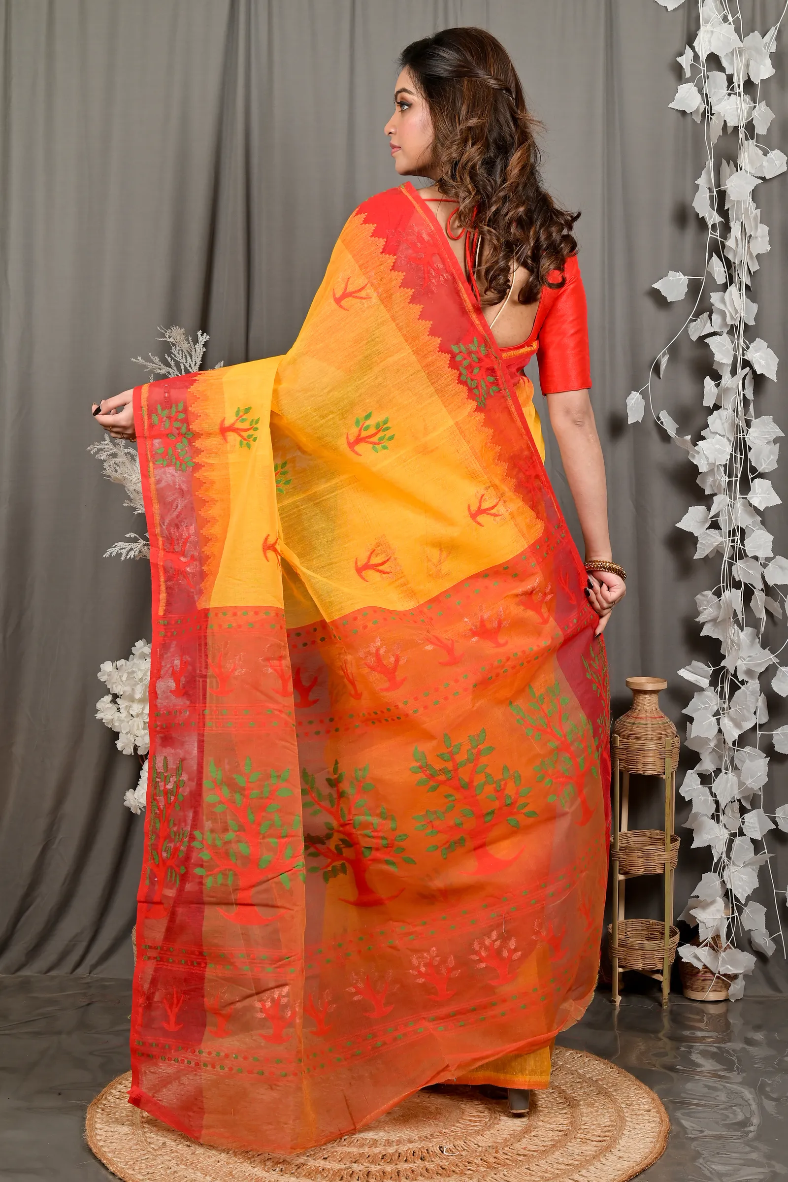 DipDiya Pure Cotton Yellow Red Fevai Essence of Bengal Jamdani Sarees