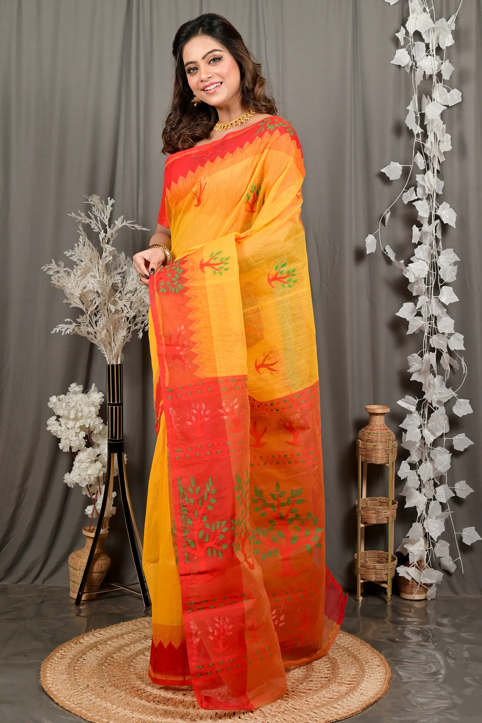 DipDiya Pure Cotton Yellow Red Fevai Essence of Bengal Jamdani Sarees