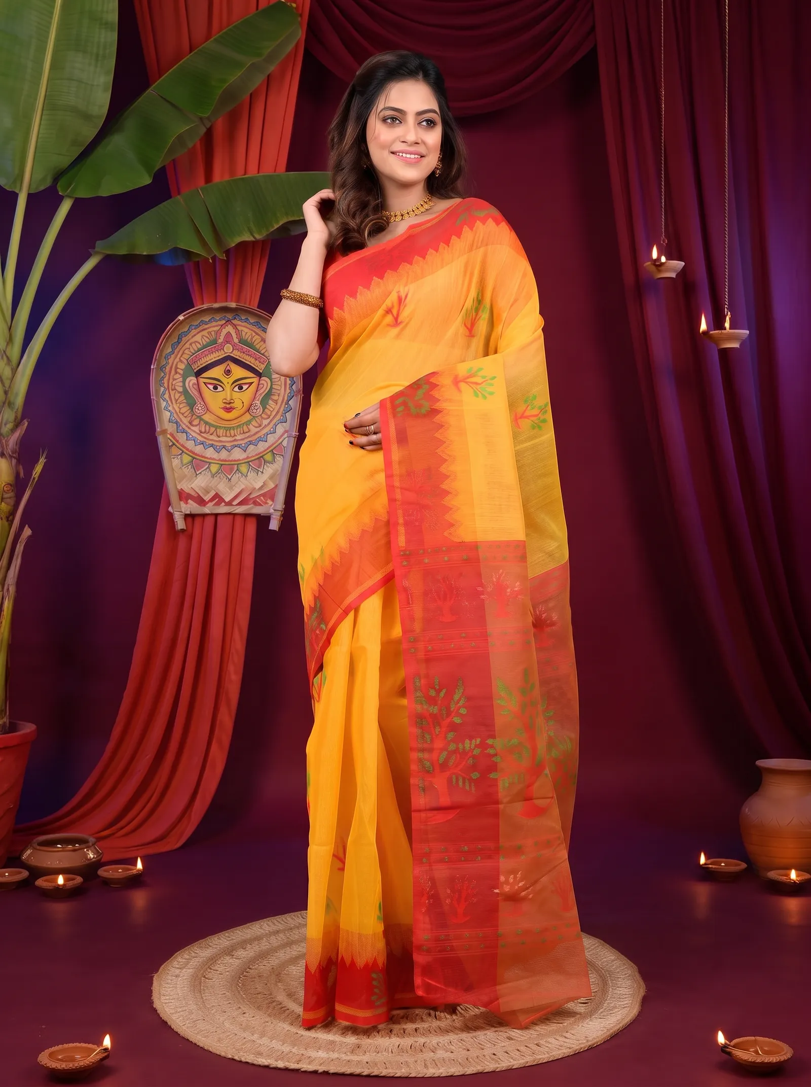 DipDiya Pure Cotton Yellow Red Fevai Essence of Bengal Jamdani Sarees