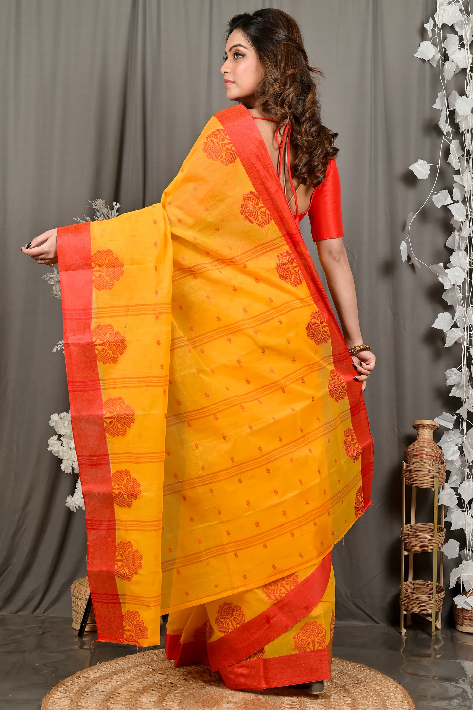 DipDiya Pure Cotton Yellow Red Fipani Weaves with a Story Tant Sarees
