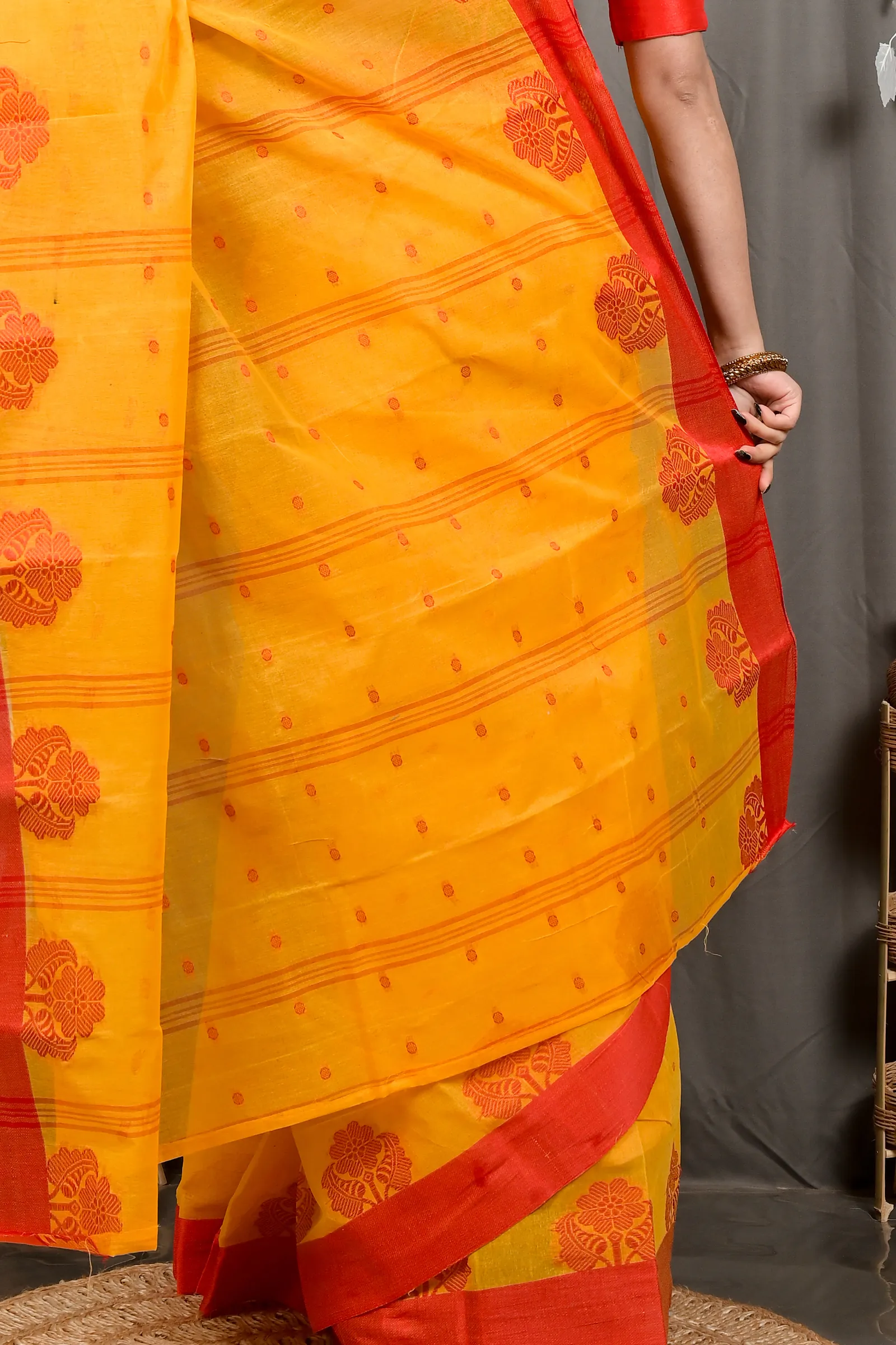 DipDiya Pure Cotton Yellow Red Fipani Weaves with a Story Tant Sarees