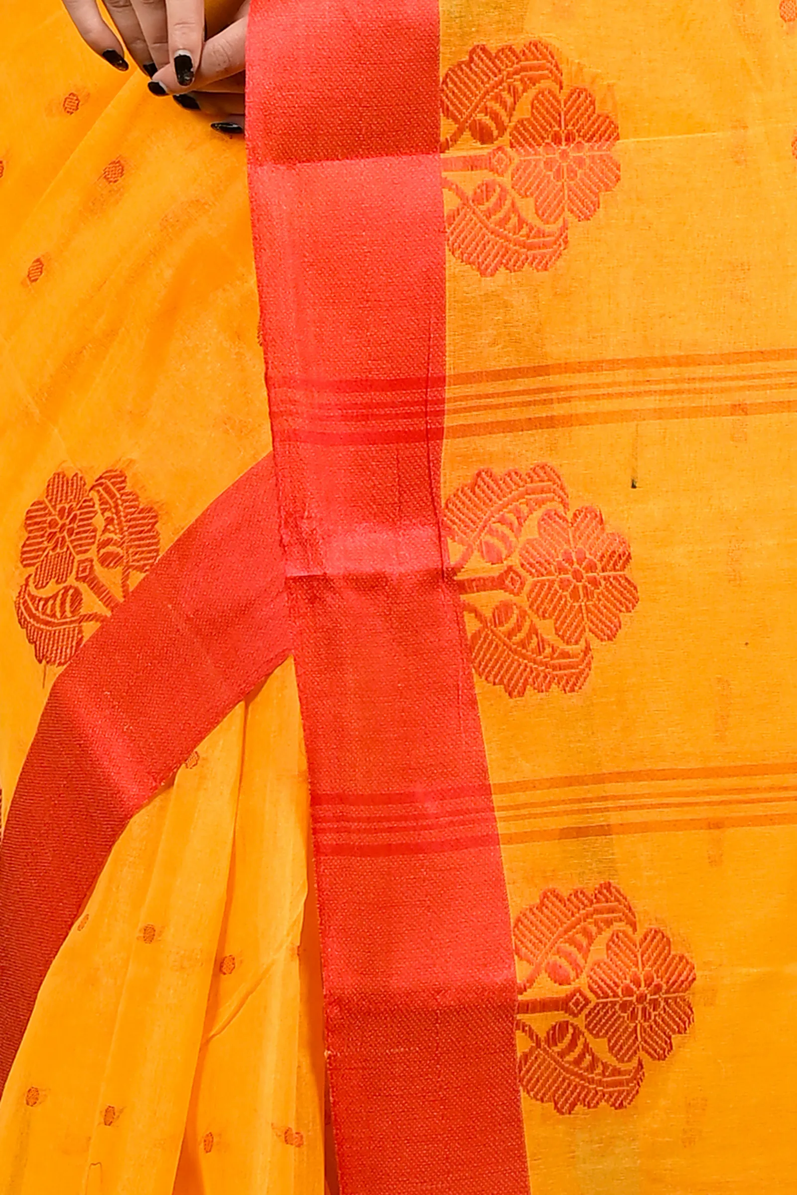 DipDiya Pure Cotton Yellow Red Fipani Weaves with a Story Tant Sarees