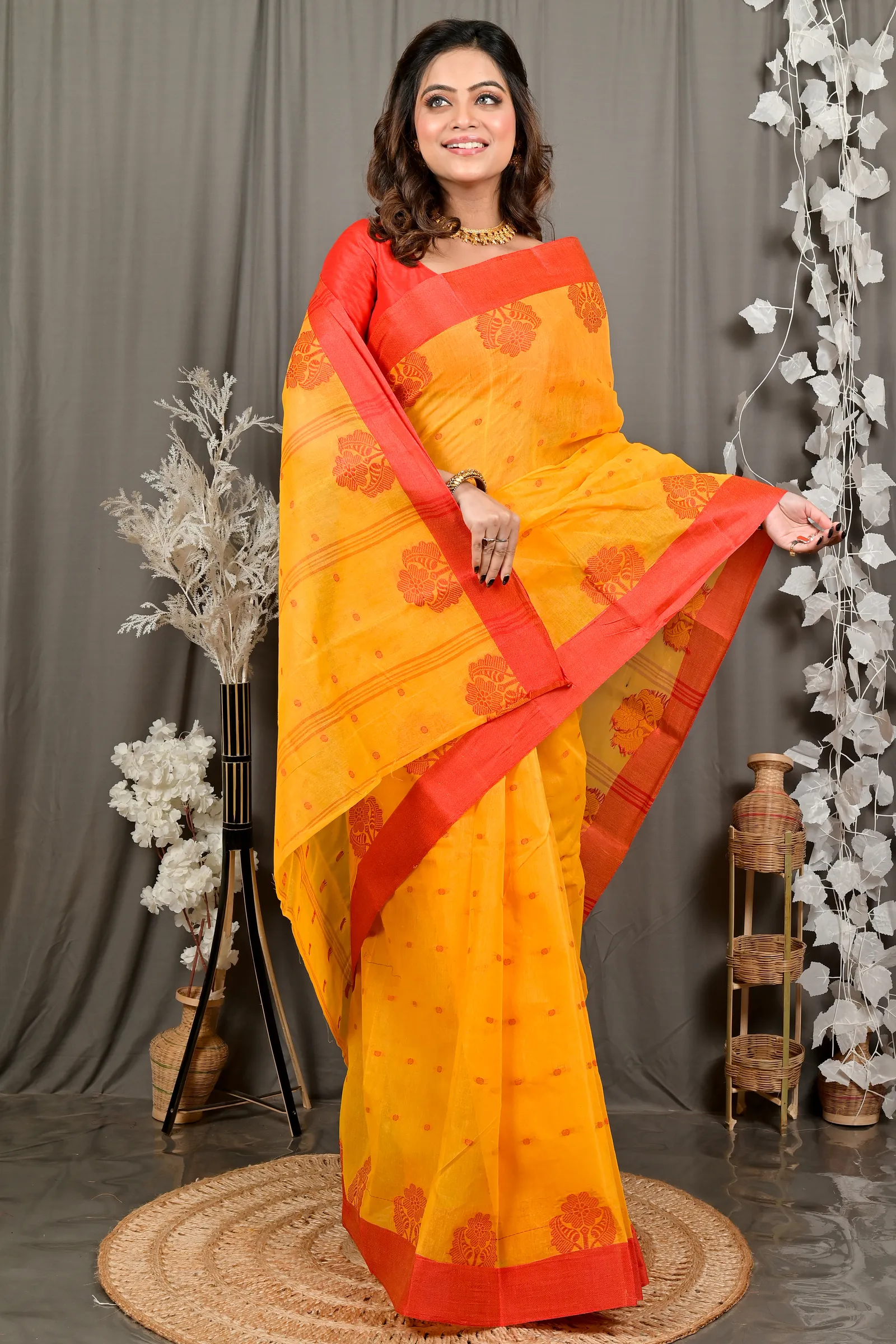 DipDiya Pure Cotton Yellow Red Fipani Weaves with a Story Tant Sarees