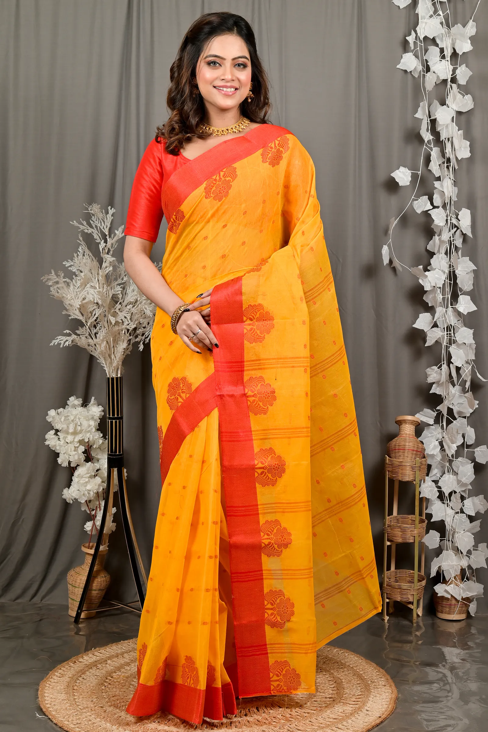 DipDiya Pure Cotton Yellow Red Fipani Weaves with a Story Tant Sarees