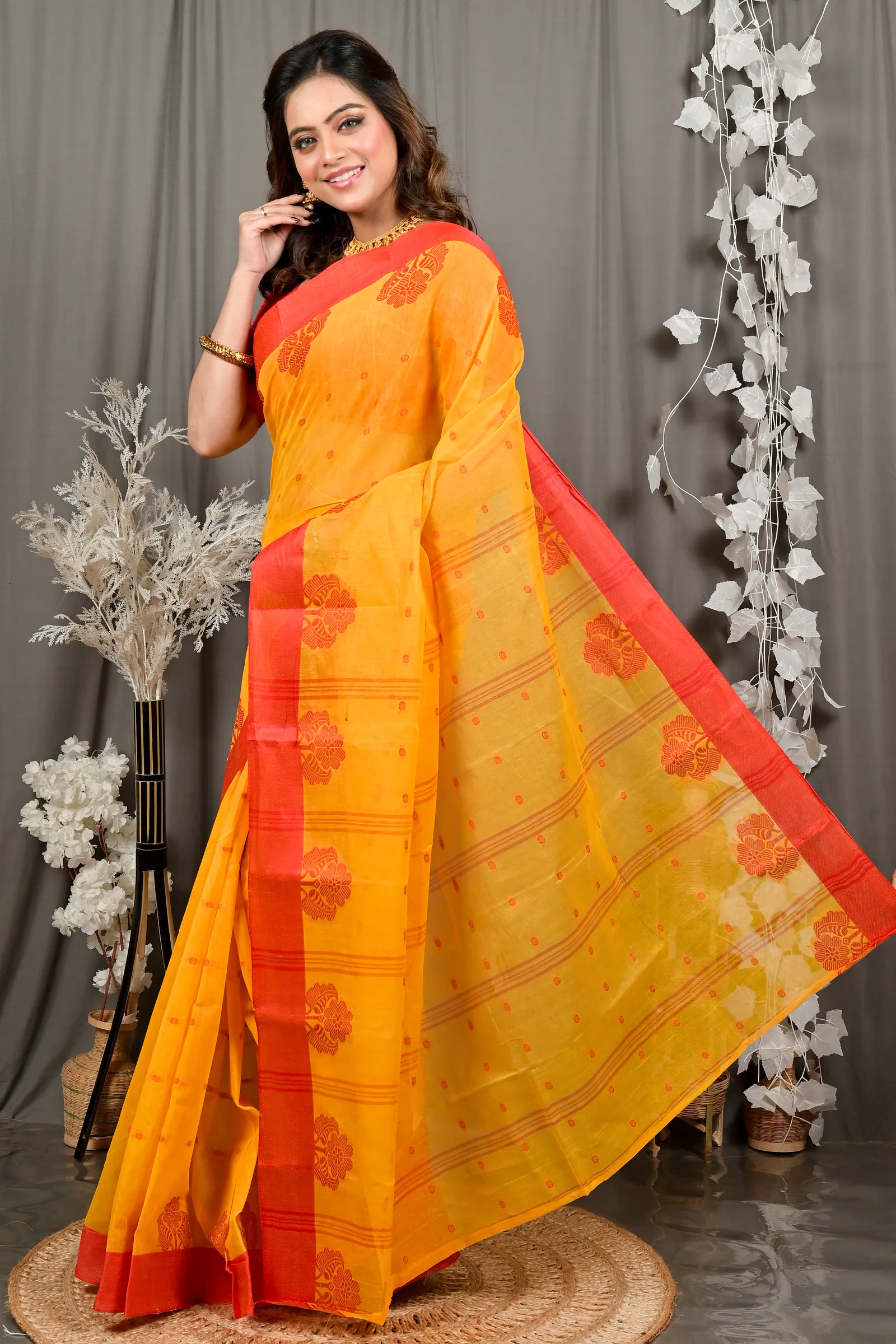 DipDiya Pure Cotton Yellow Red Fipani Weaves with a Story Tant Sarees
