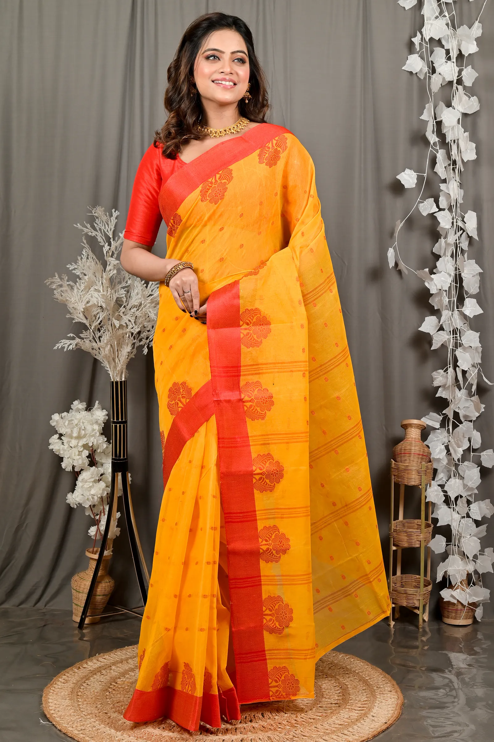 DipDiya Pure Cotton Yellow Red Fipani Weaves with a Story Tant Sarees