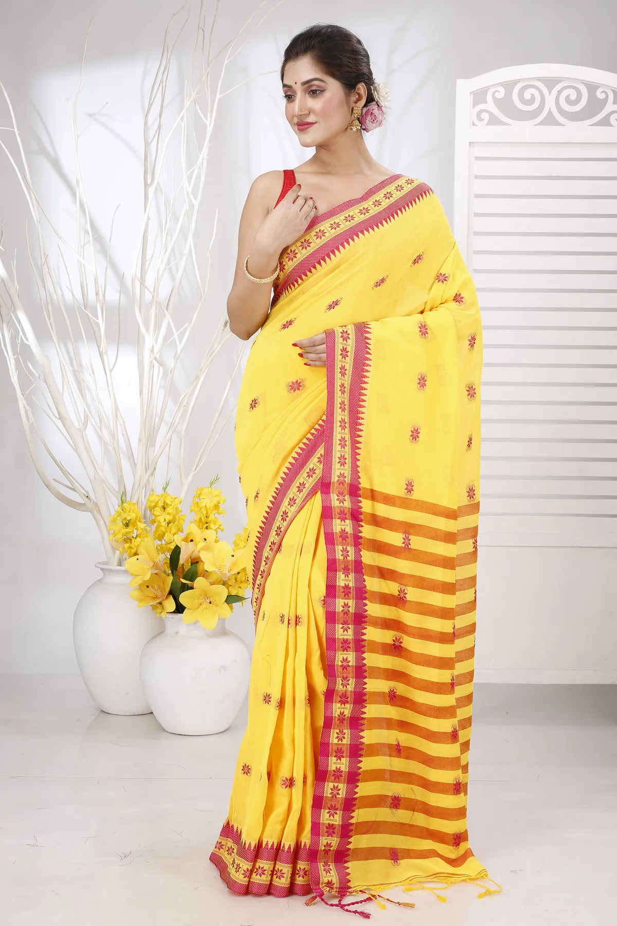 DipDiya Pure Cotton Yellow Red Guti Hand Effortless Tradition Handloom Sarees