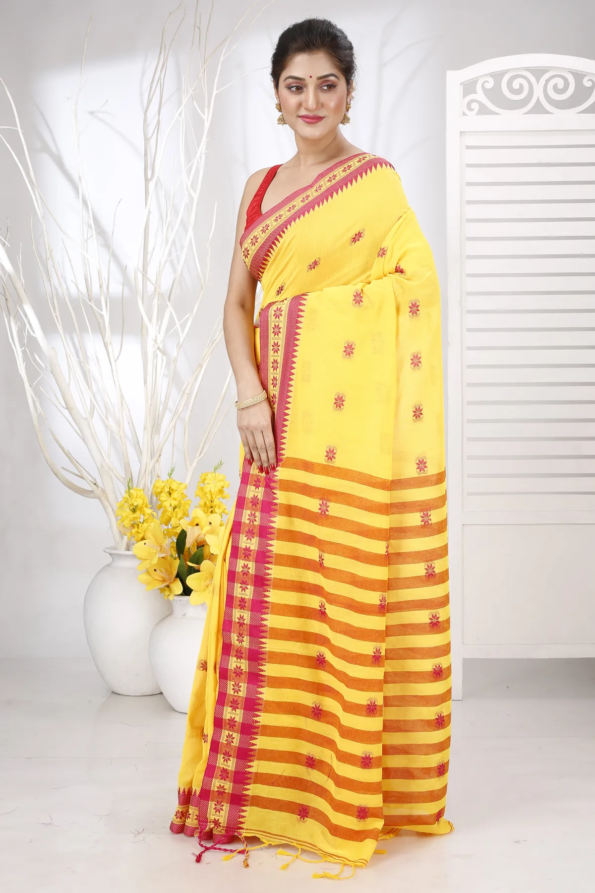 DipDiya Pure Cotton Yellow Red Guti Hand Effortless Tradition Handloom Sarees