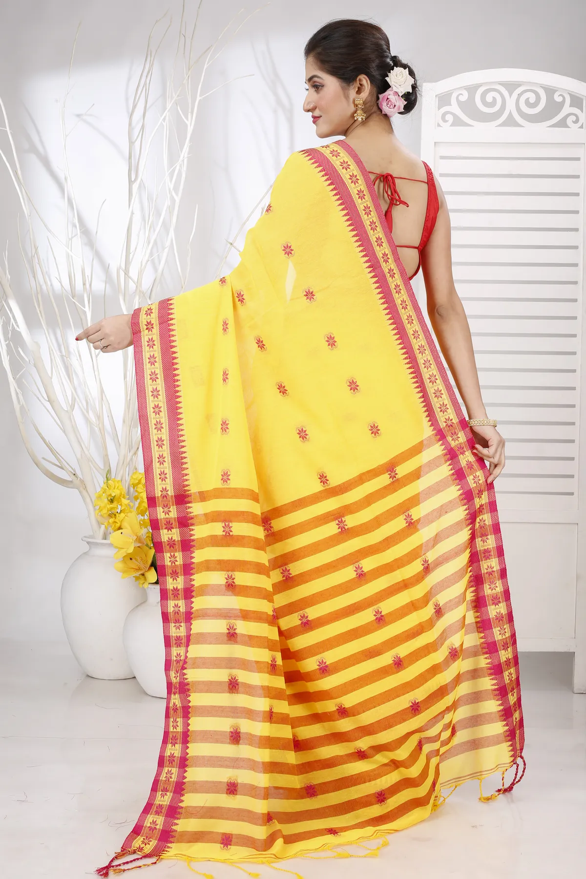 DipDiya Pure Cotton Yellow Red Guti Hand Effortless Tradition Handloom Sarees